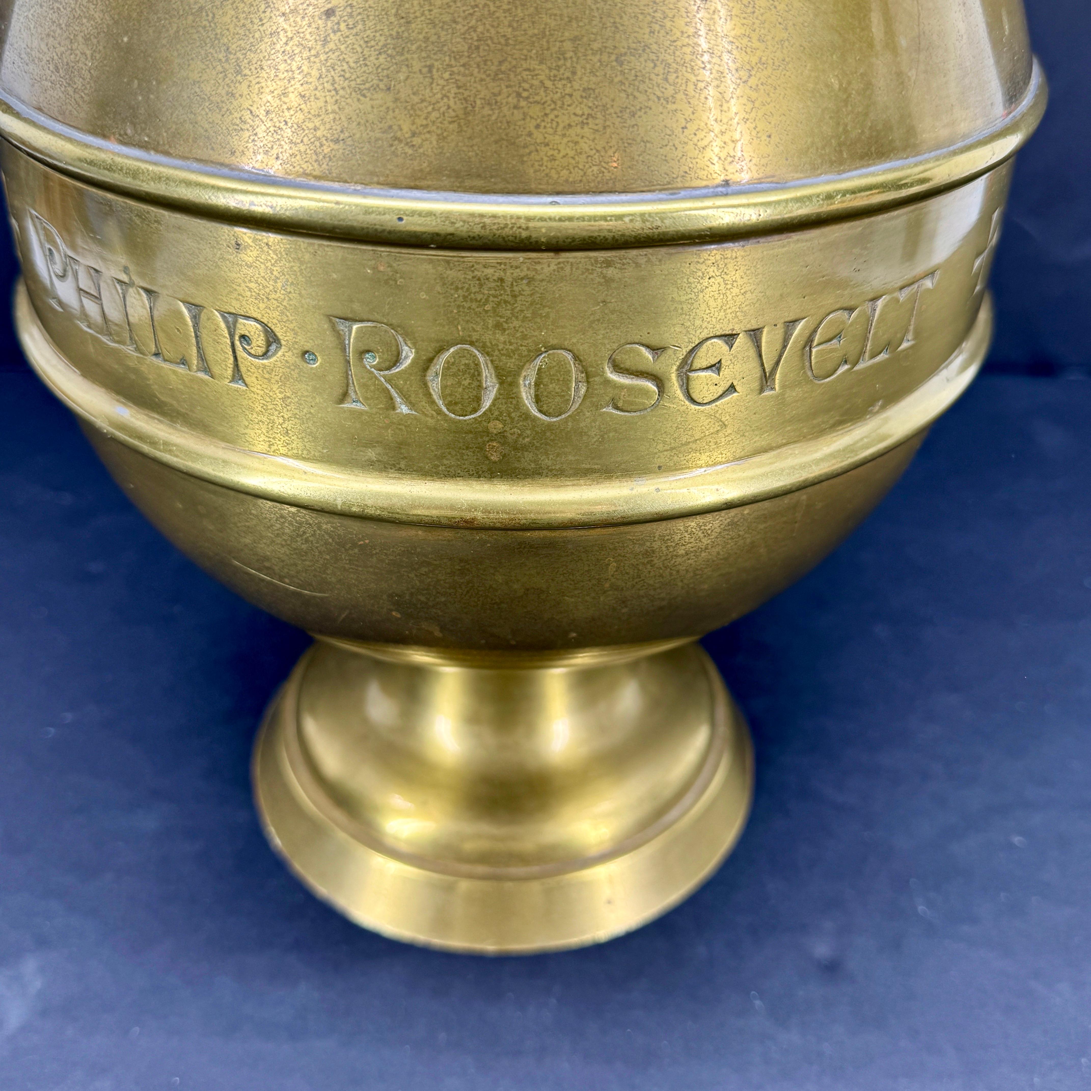 Cast Large Religious Gothic Brass Water Jug Marked Roosevelt For Sale