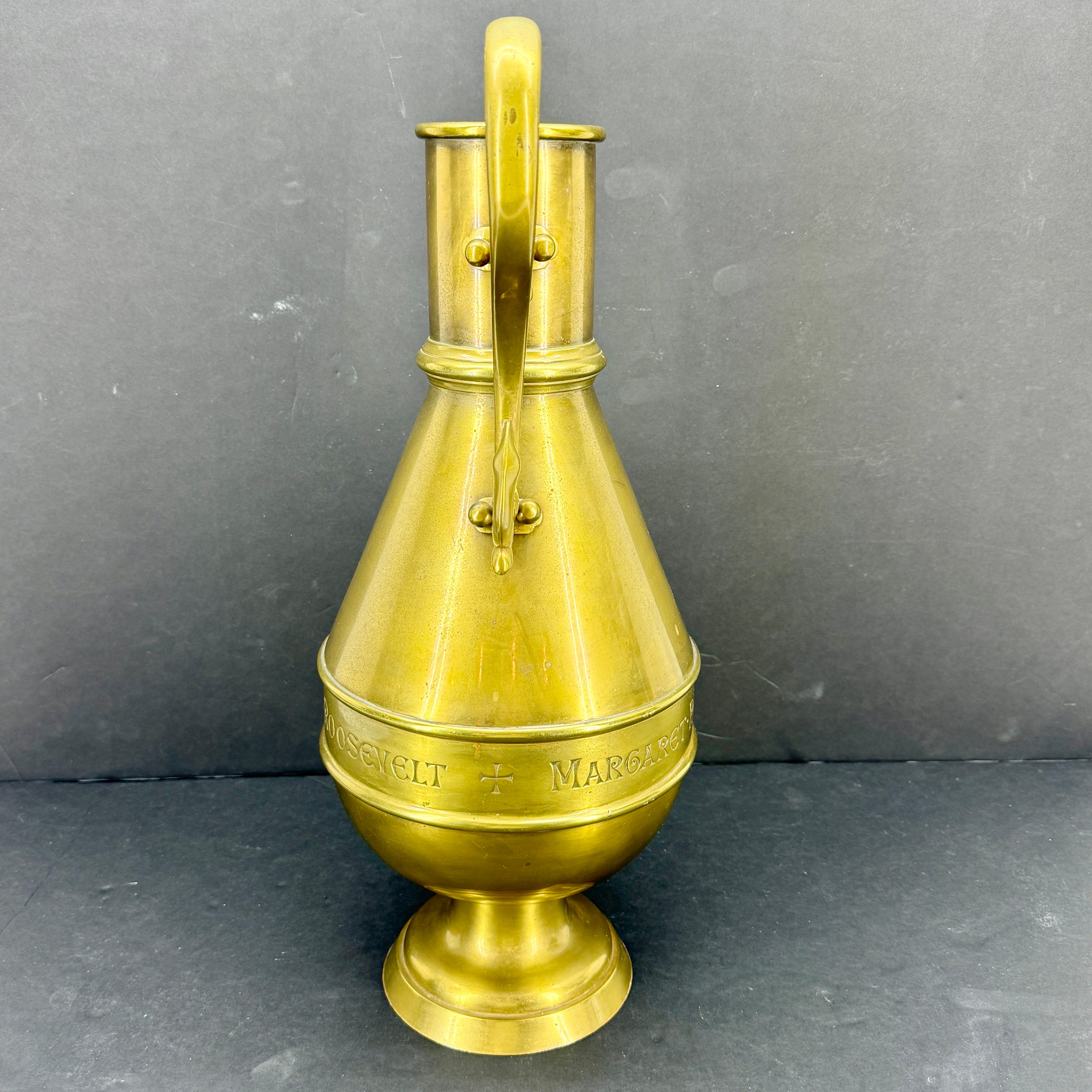 Large Religious Gothic Brass Water Jug Marked Roosevelt In Good Condition For Sale In Haddonfield, NJ