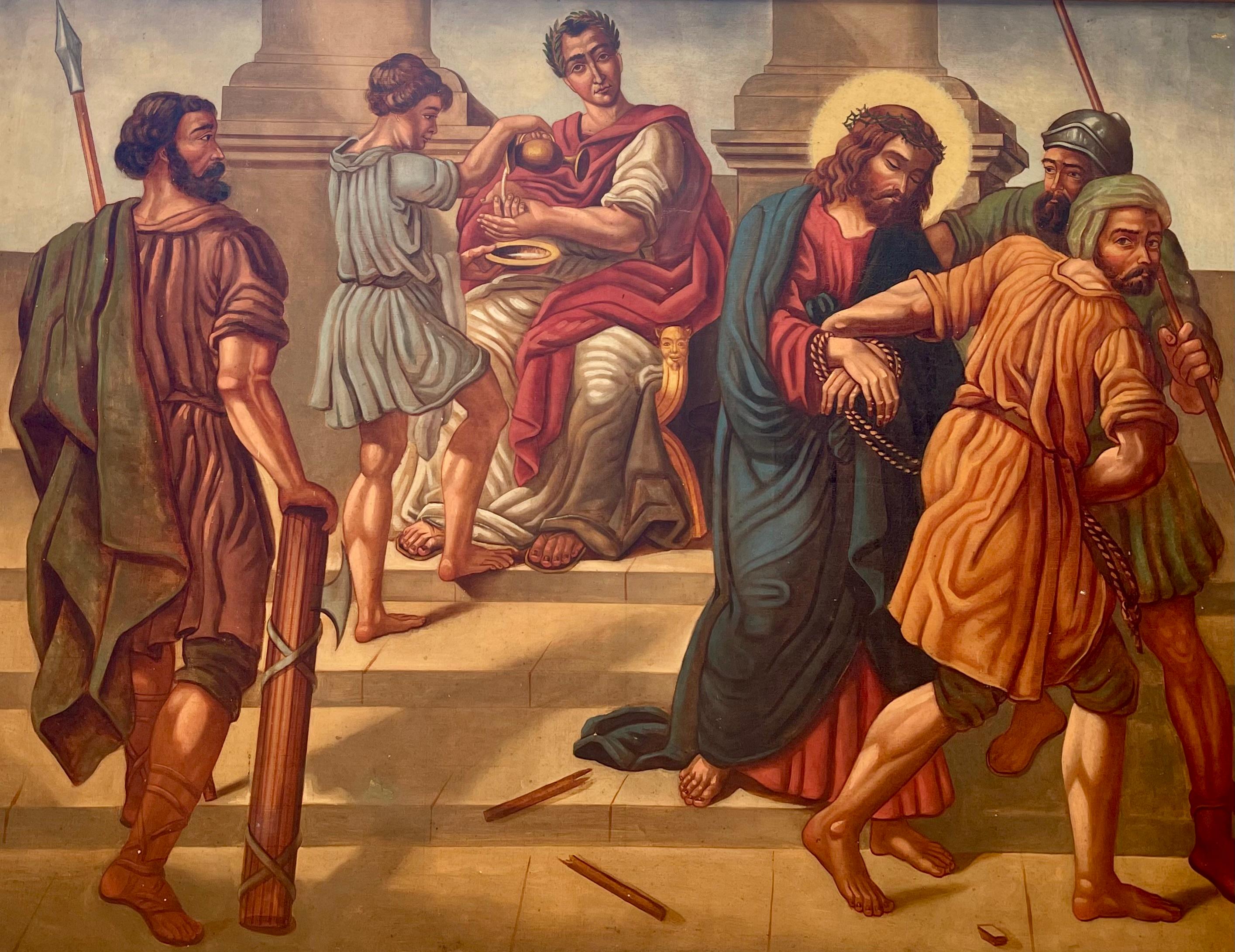 Dieses prächtige Gemälde aus dem 19. Jahrhundert stellt den ersten Akt der christlichen Reise dar, die Verurteilung Jesu Christi durch Pontius Pilatus. Es zeichnet sich durch eine bemerkenswerte Detailgenauigkeit aus, die den Betrachter mitten in