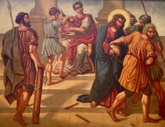 Large Religious Painting: The Judgment of Jesus by Pontius Pilate, 19th Century