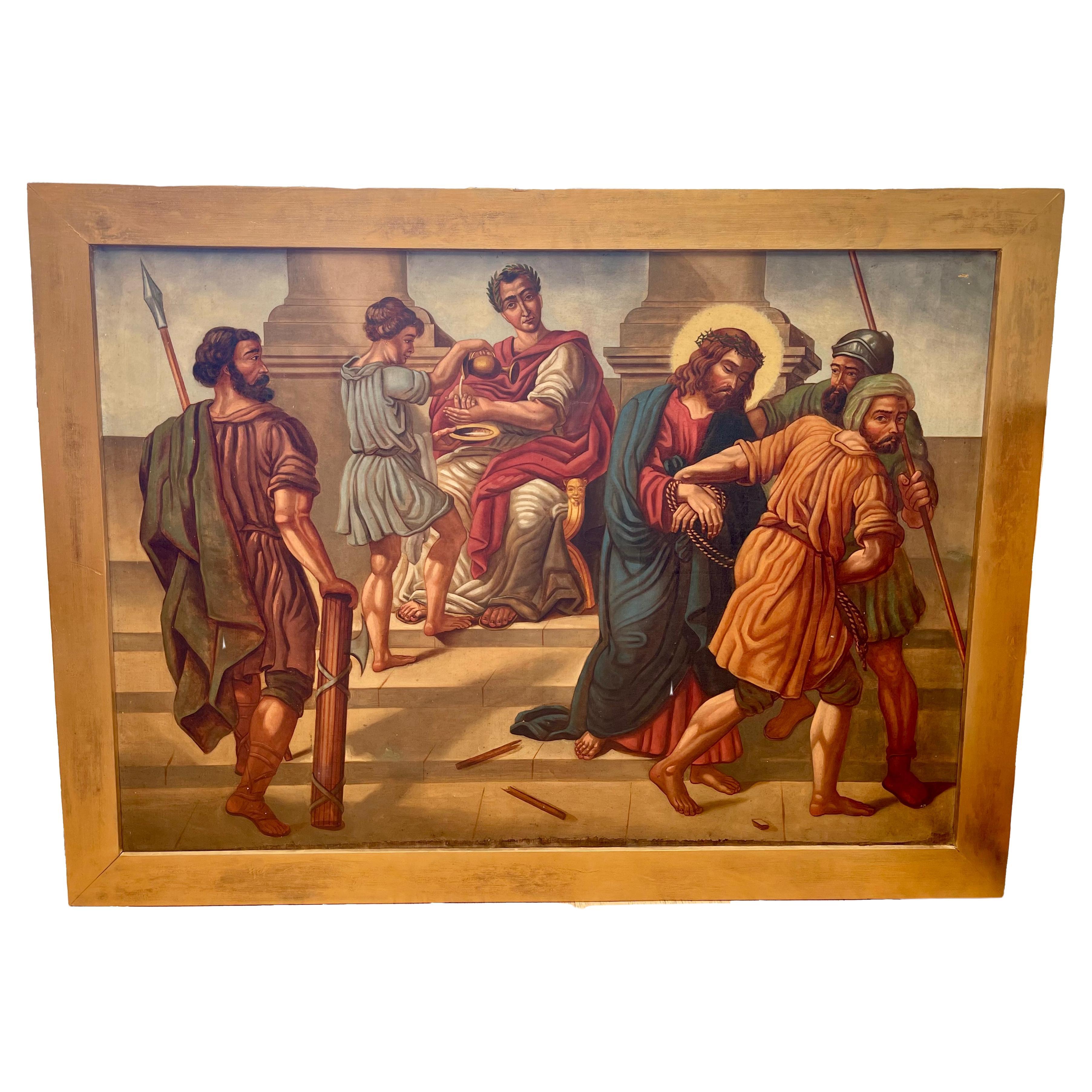 Large Religious Painting: The Judgment of Jesus by Pontius Pilate, 19th Century For Sale