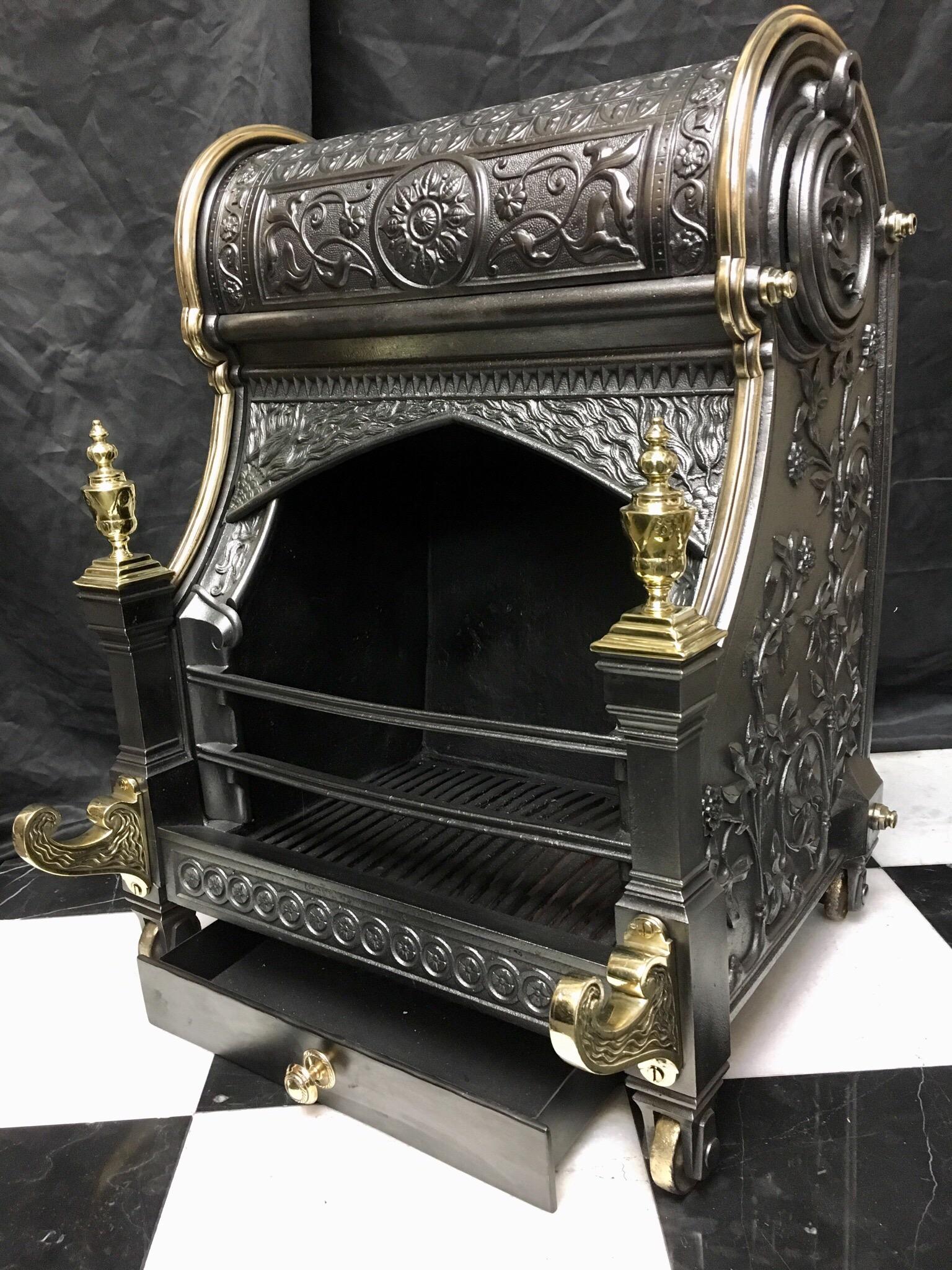 Victorian Large Renaissance Manner Antique Cast Iron and Bronze Hooded Fire Basket Grate For Sale