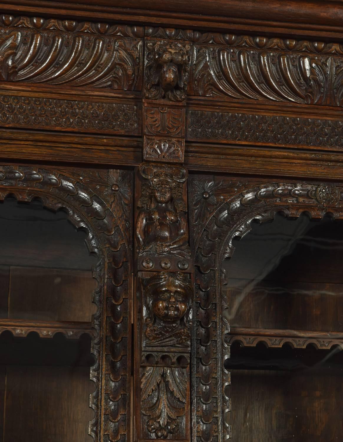 Large Renaissance Revival Carved Oak Three-Door Bookcase 2