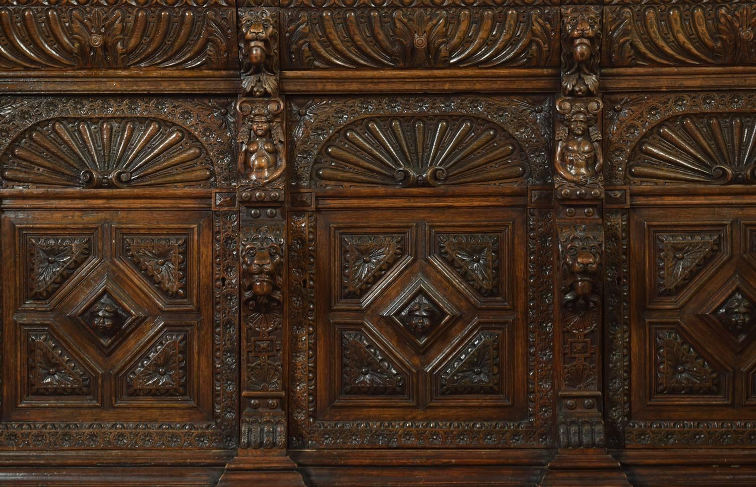 Large Renaissance Revival Carved Oak Three-Door Bookcase 3