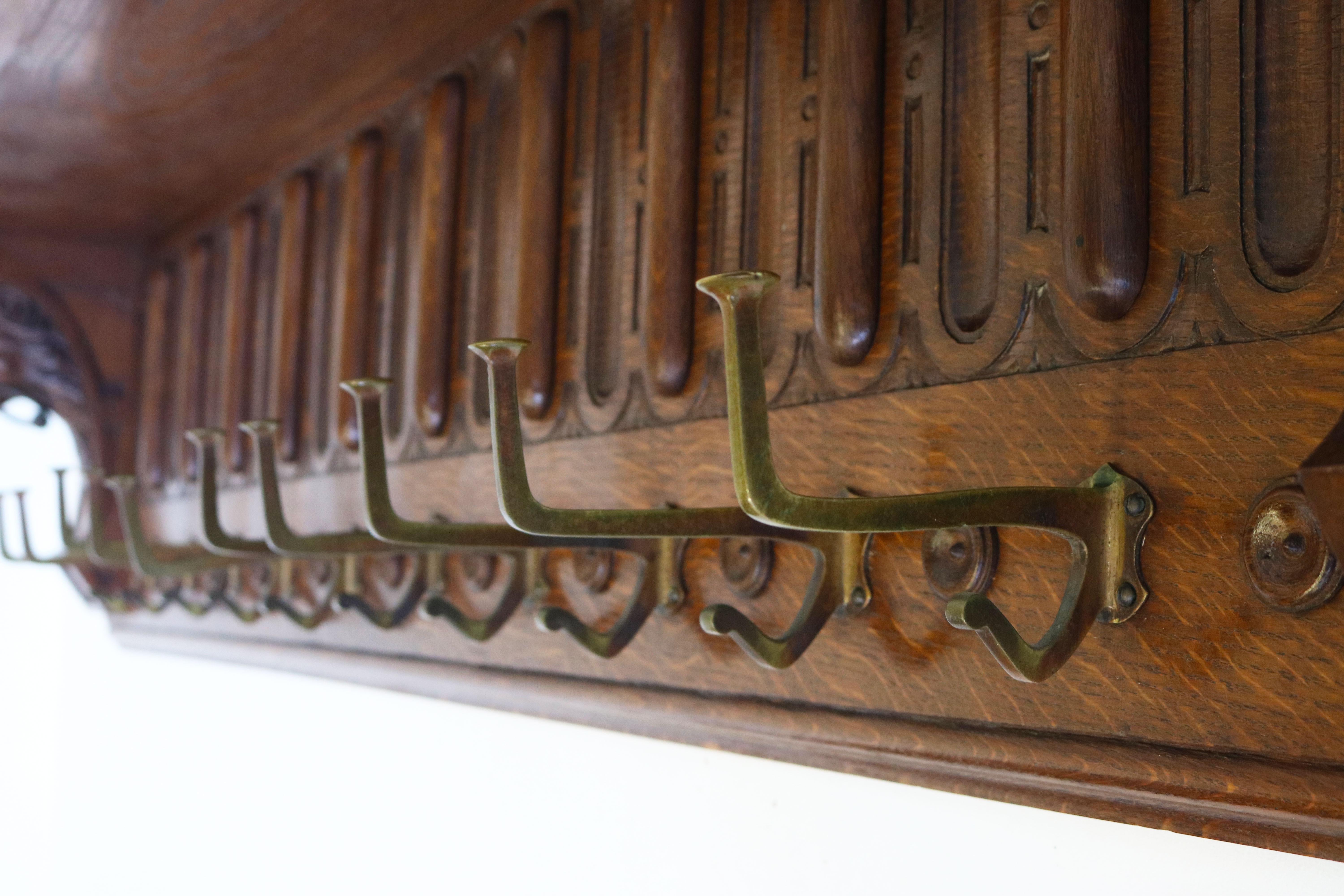 Hand-Carved Large Renaissance Revival coat rack / Hat rack Lion Masks Oak & bronze hallway  For Sale