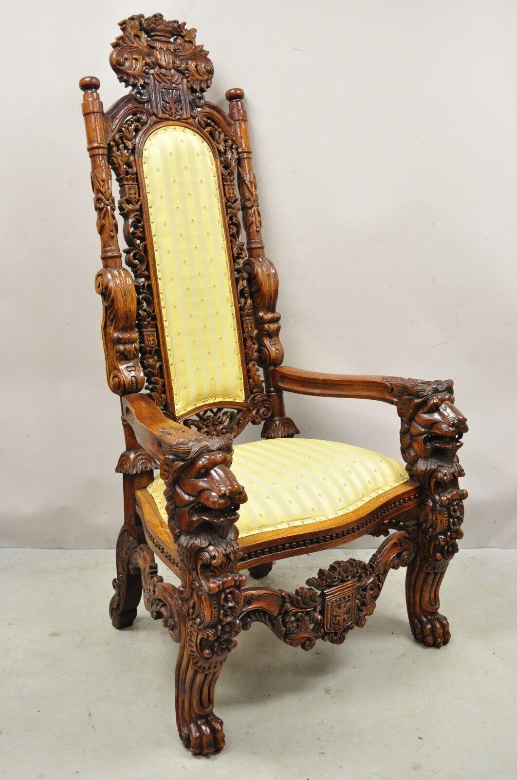 Large Renaissance Style Figural Lion Carved Wood Paw Feet Throne Chair. Item features a large impressive size, ornate lion heads and paw feet, nicely carved details, very nice item, great style and form. Circa Late 20th Century.
Measurements:  66.5