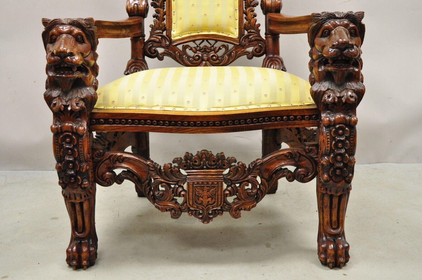 Large Renaissance Style Figural Lion Carved Wood Paw Feet Throne Chair In Good Condition For Sale In Philadelphia, PA