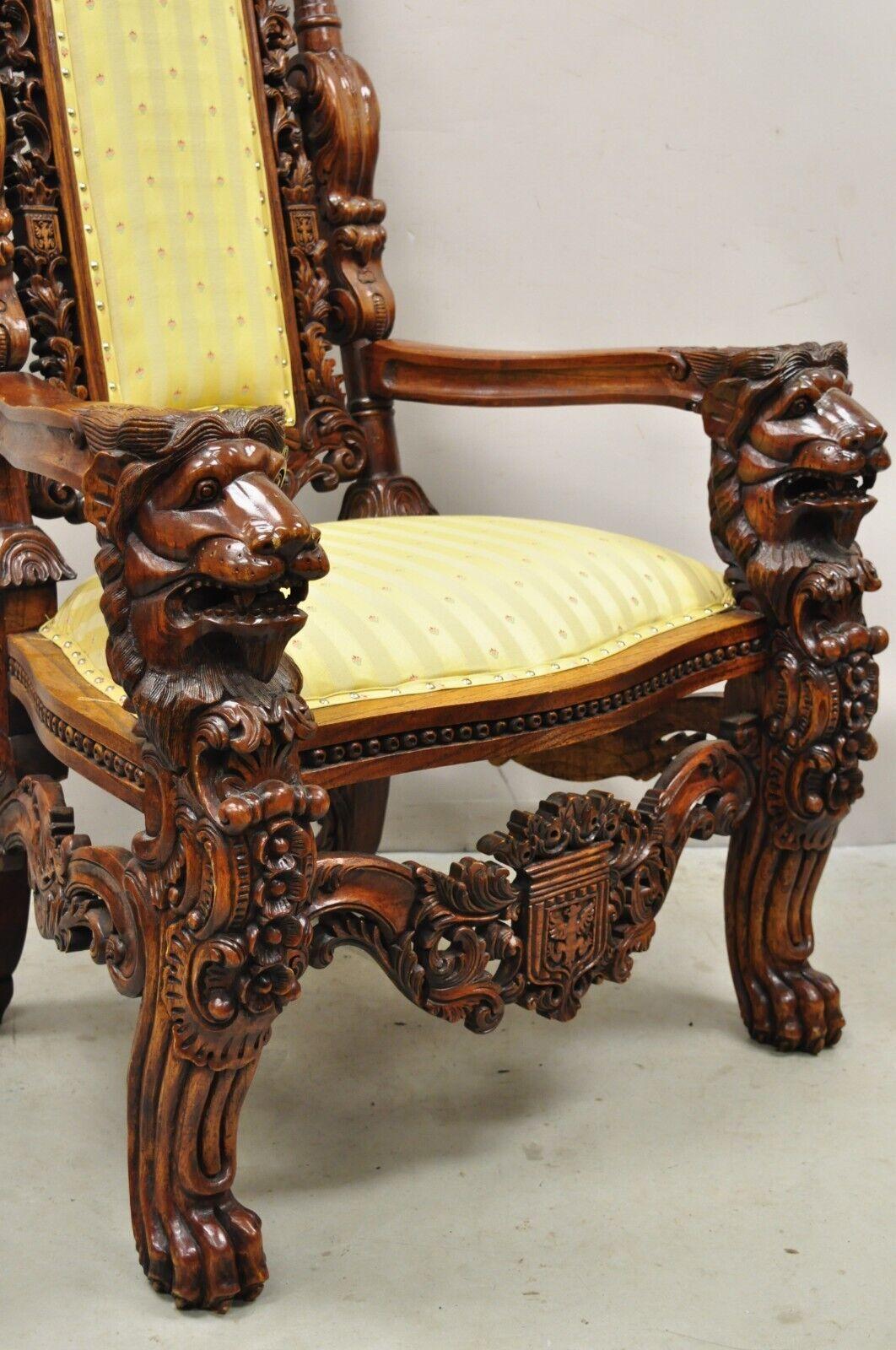 20th Century Large Renaissance Style Figural Lion Carved Wood Paw Feet Throne Chair For Sale