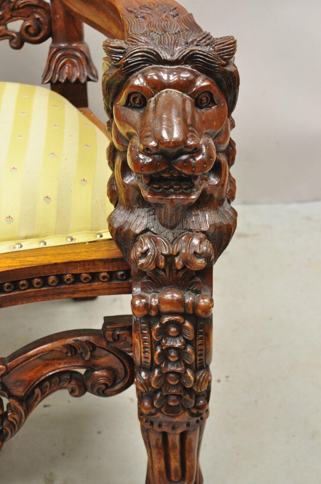 Large Renaissance Style Figural Lion Carved Wood Paw Feet Throne Chair For Sale 1