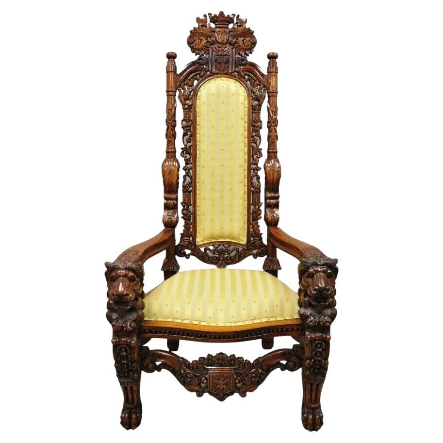Silla Trono Grande Estilo Renacentista Figurado León Tallado Madera Pata de Patas