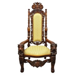 Large Renaissance Style Figural Lion Carved Wood Paw Feet Throne Chair