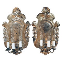 Large Repousse Metal Shieldback Three Light Sconces, Pair