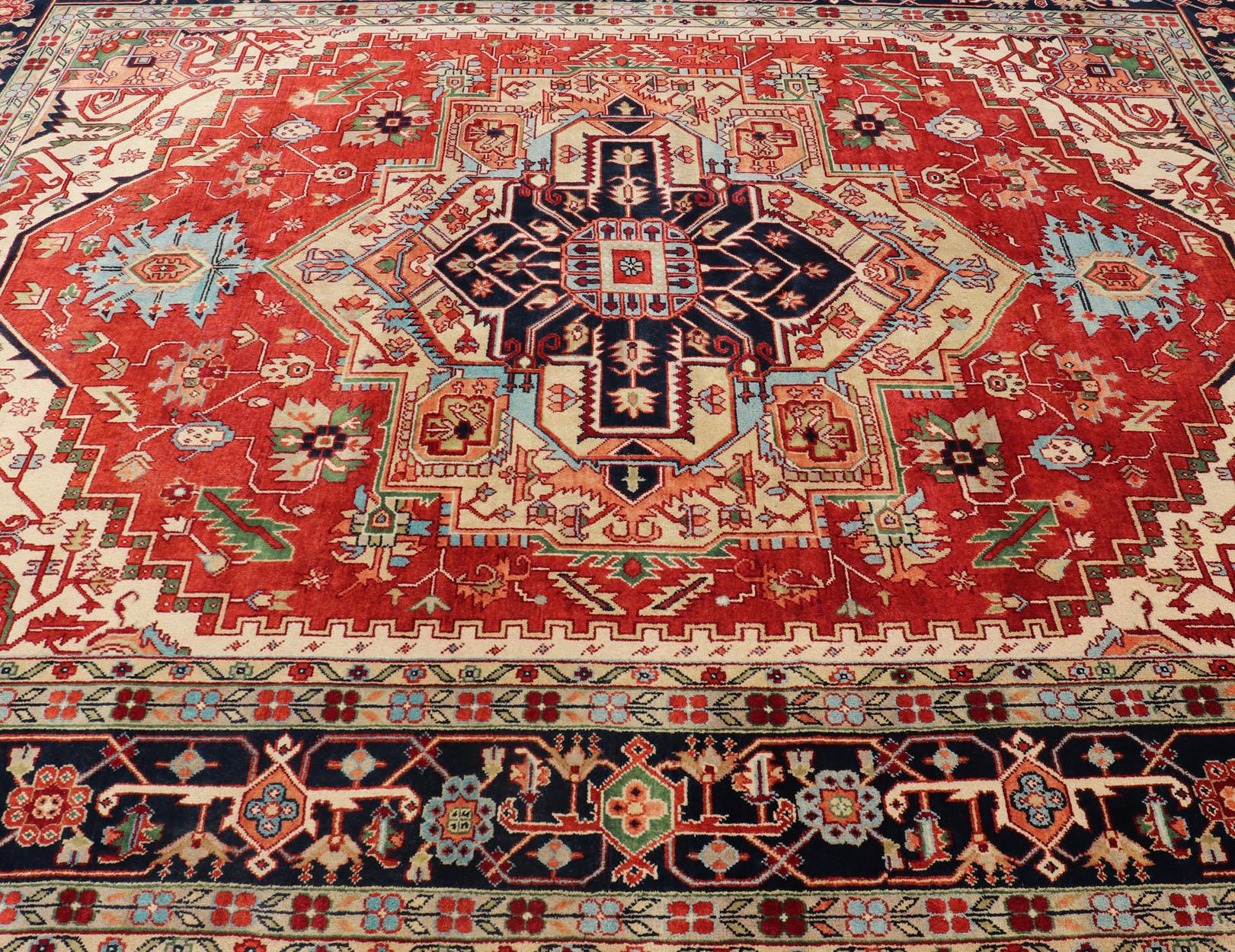 Large Reproduction Searpi-Heriz Medallion Geometric Hand-Knotted Carpet  For Sale 3
