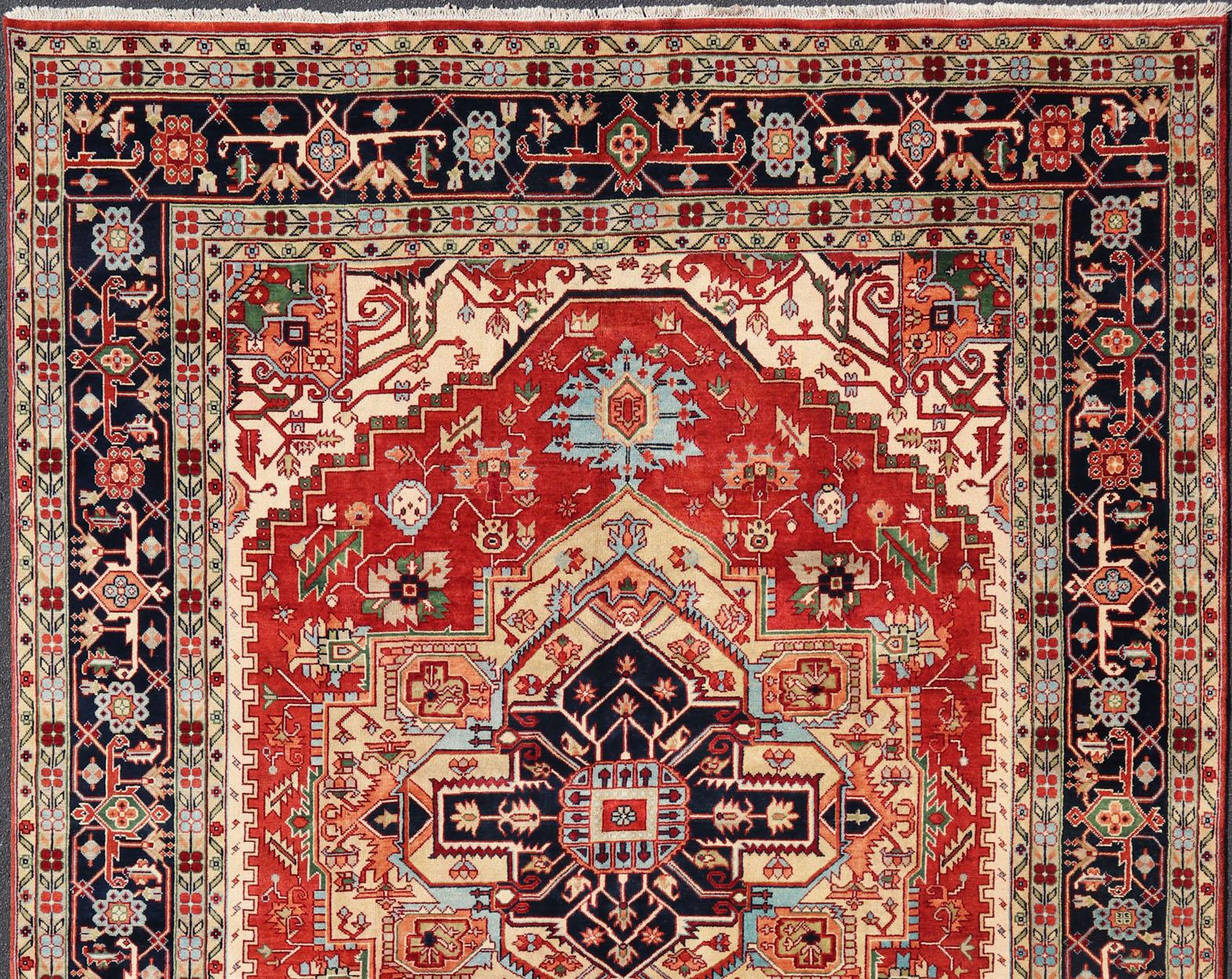 Large Reproduction Searpi-Heriz Medallion Geometric Hand-Knotted Carpet  For Sale 4