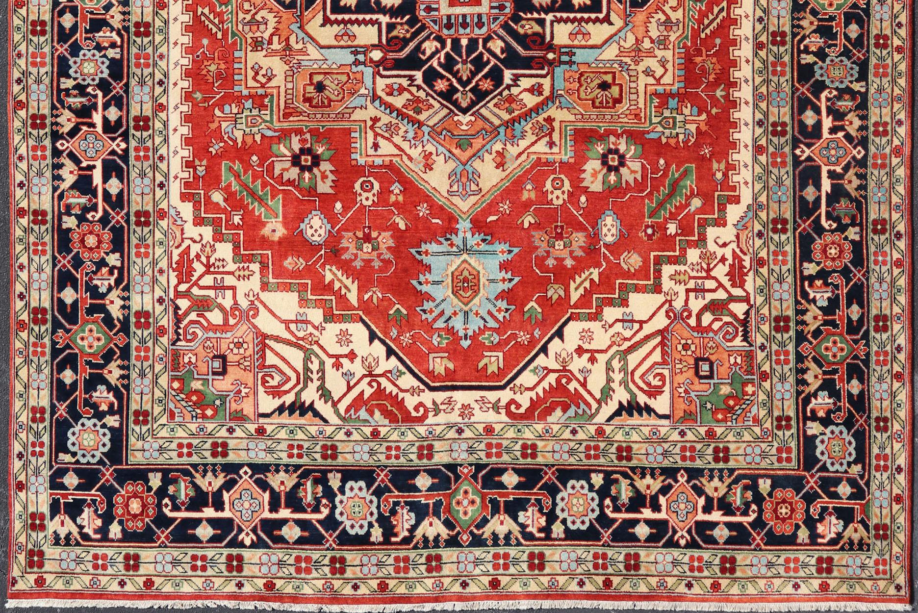 Großer handgeknüpfter Searpi-Heriz-Teppich mit geometrischem Medaillon und Reproduktion im Angebot 5