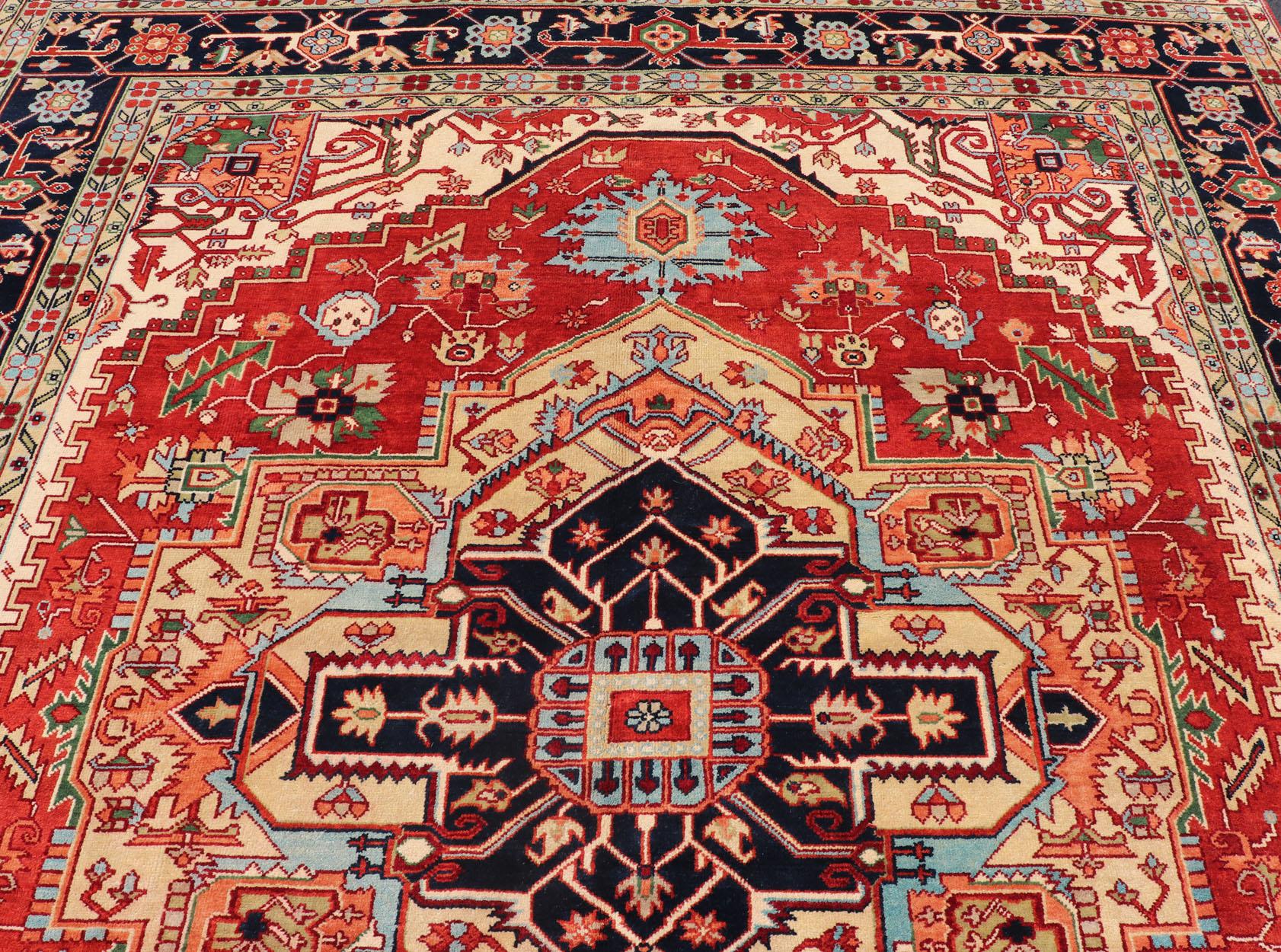 Large Reproduction Searpi-Heriz Medallion Geometric Hand-Knotted Carpet  For Sale 2
