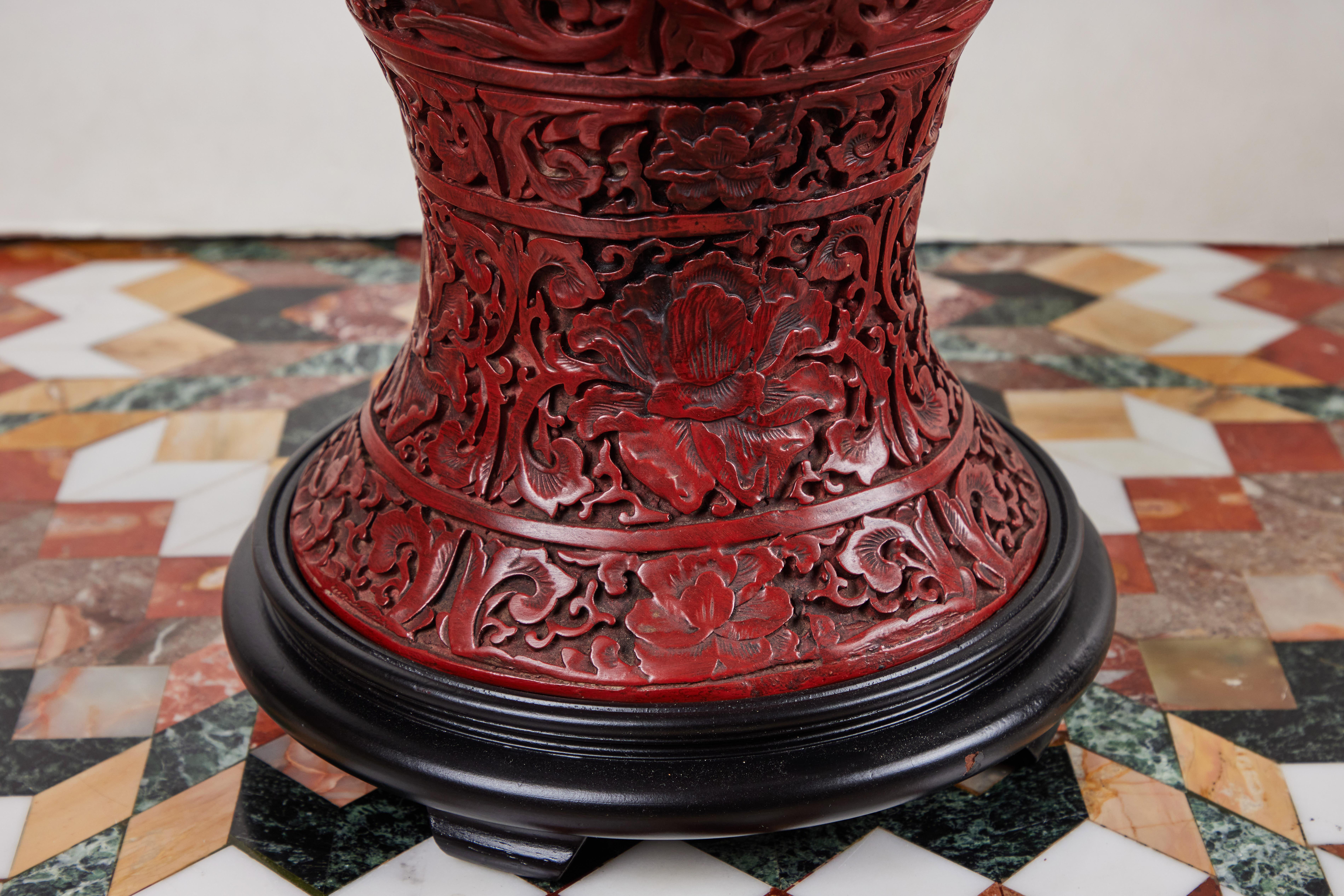 Carved Large, Republic Period, Cinnabar Lamps For Sale