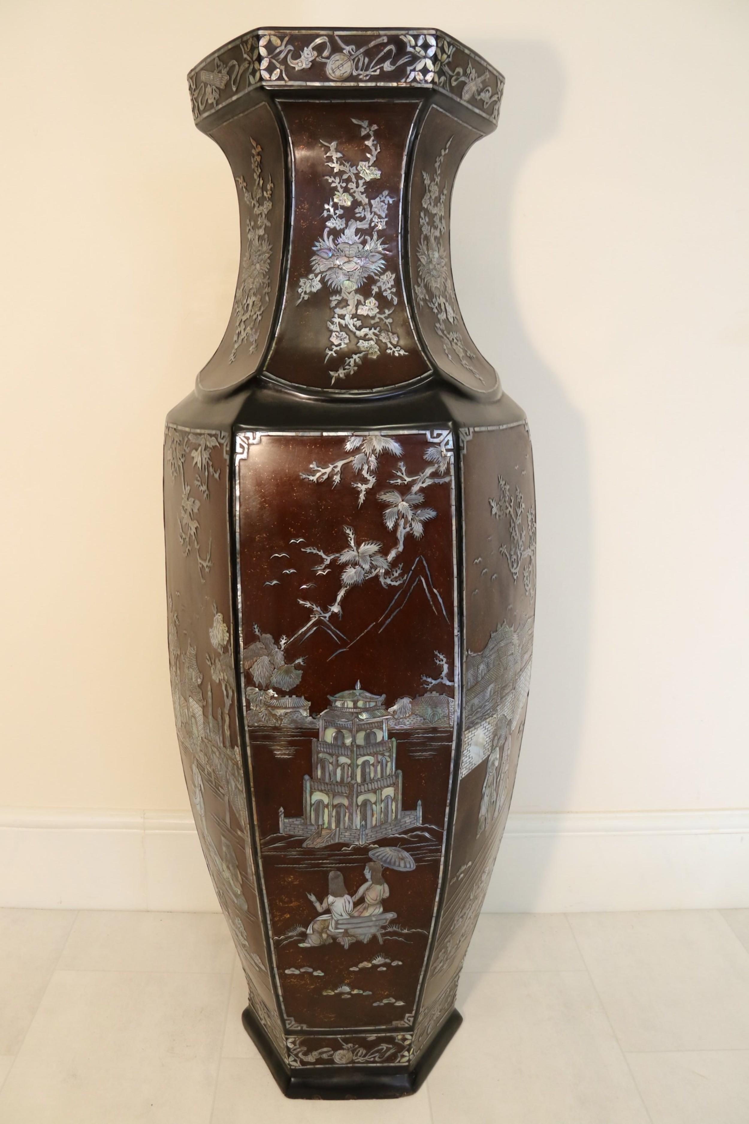 Mother-of-Pearl Large Republican Period Chinese Lacquer Vase  with Mother of Pearl Inlay