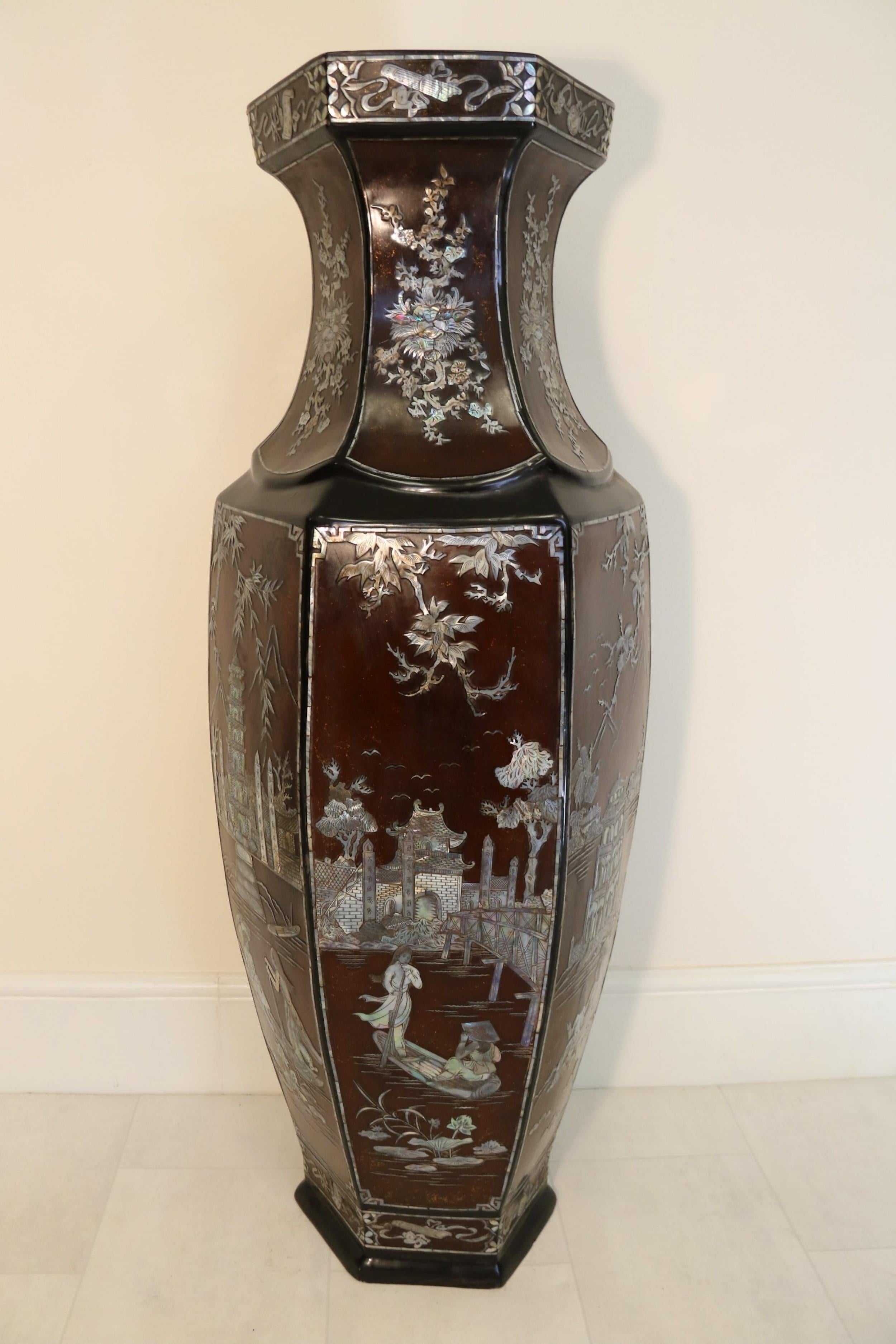 Large Republican Period Chinese Lacquer Vase  with Mother of Pearl Inlay 1