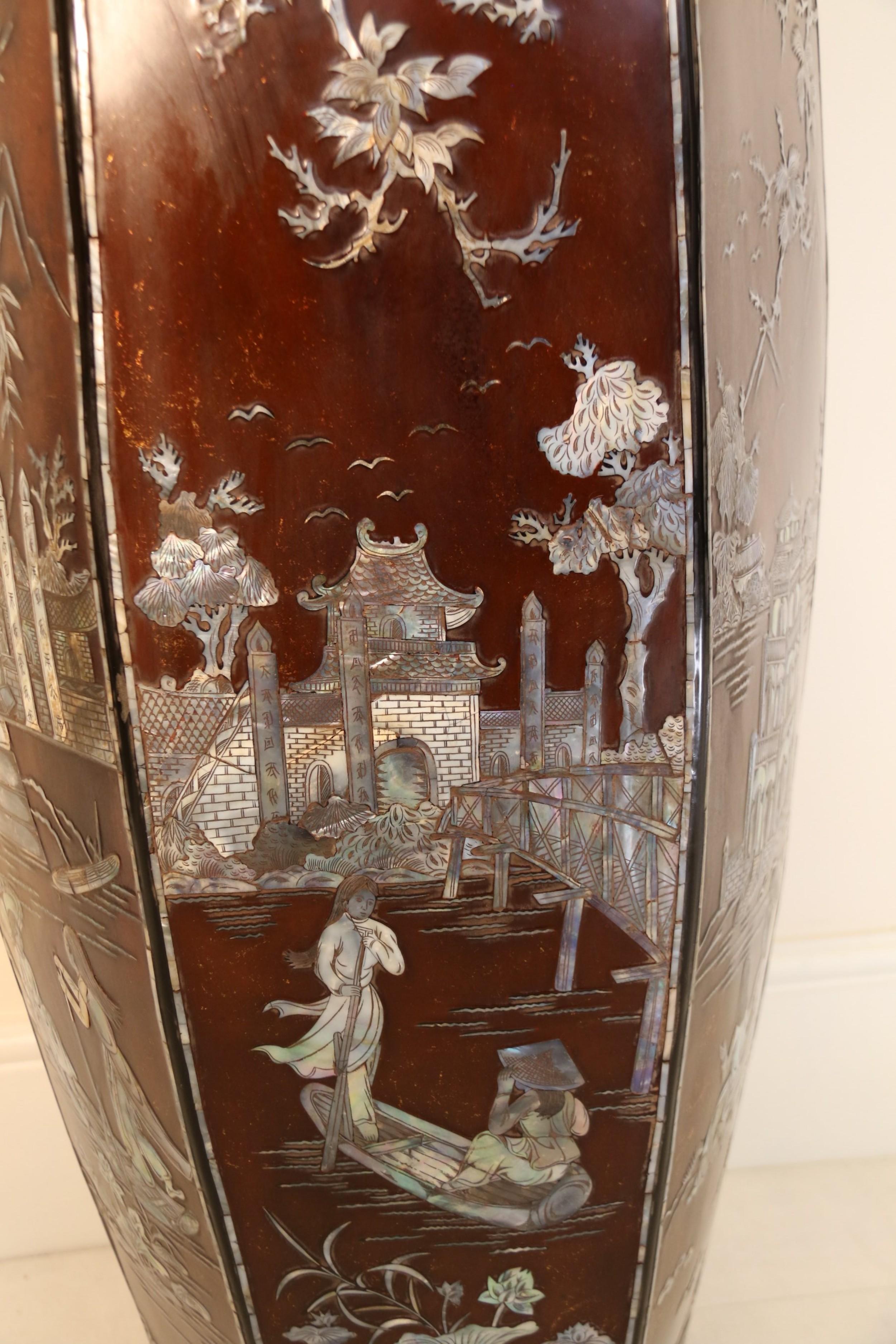 Large Republican Period Chinese Lacquer Vase  with Mother of Pearl Inlay 3