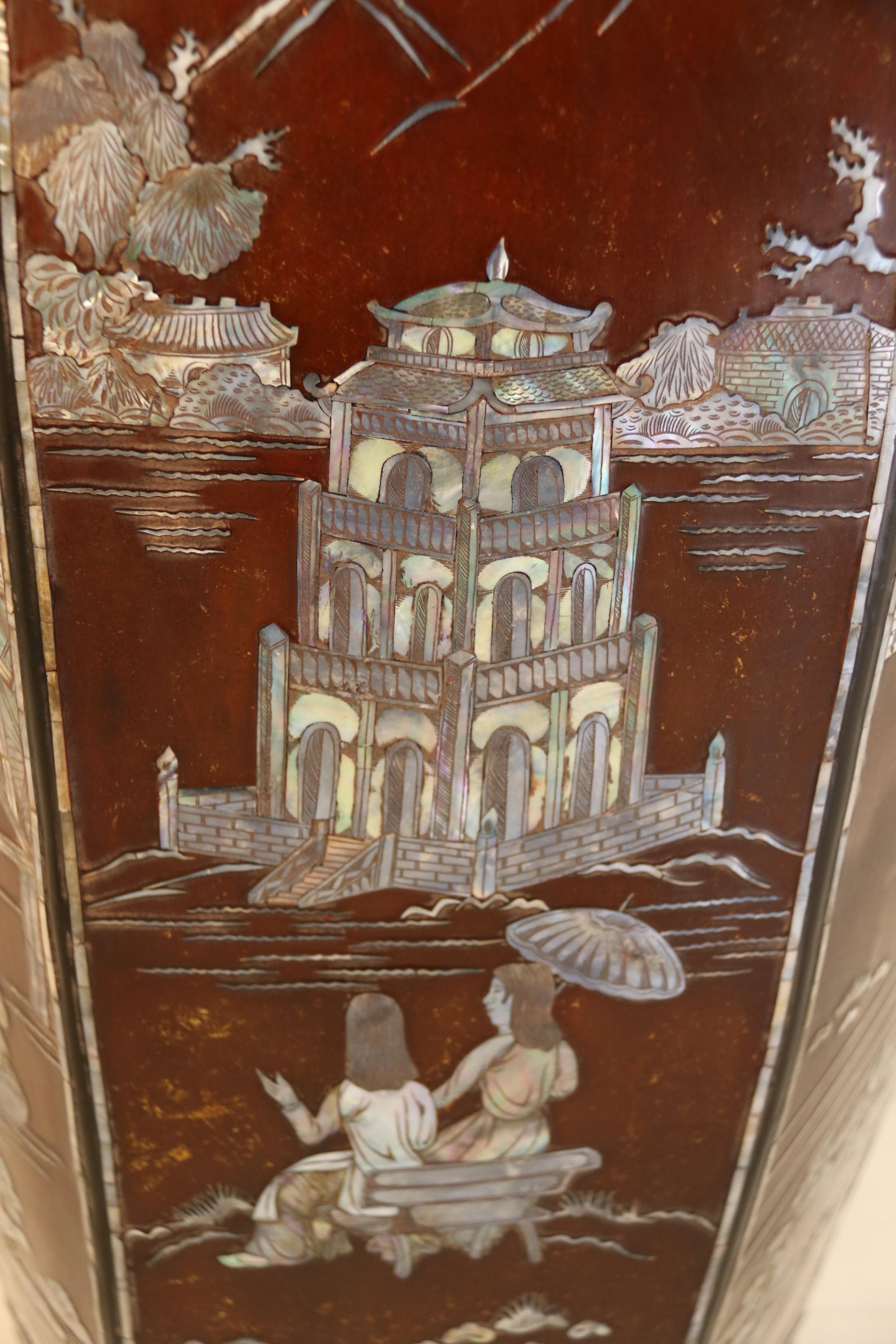 Large Republican Period Chinese Lacquer Vase  with Mother of Pearl Inlay 4