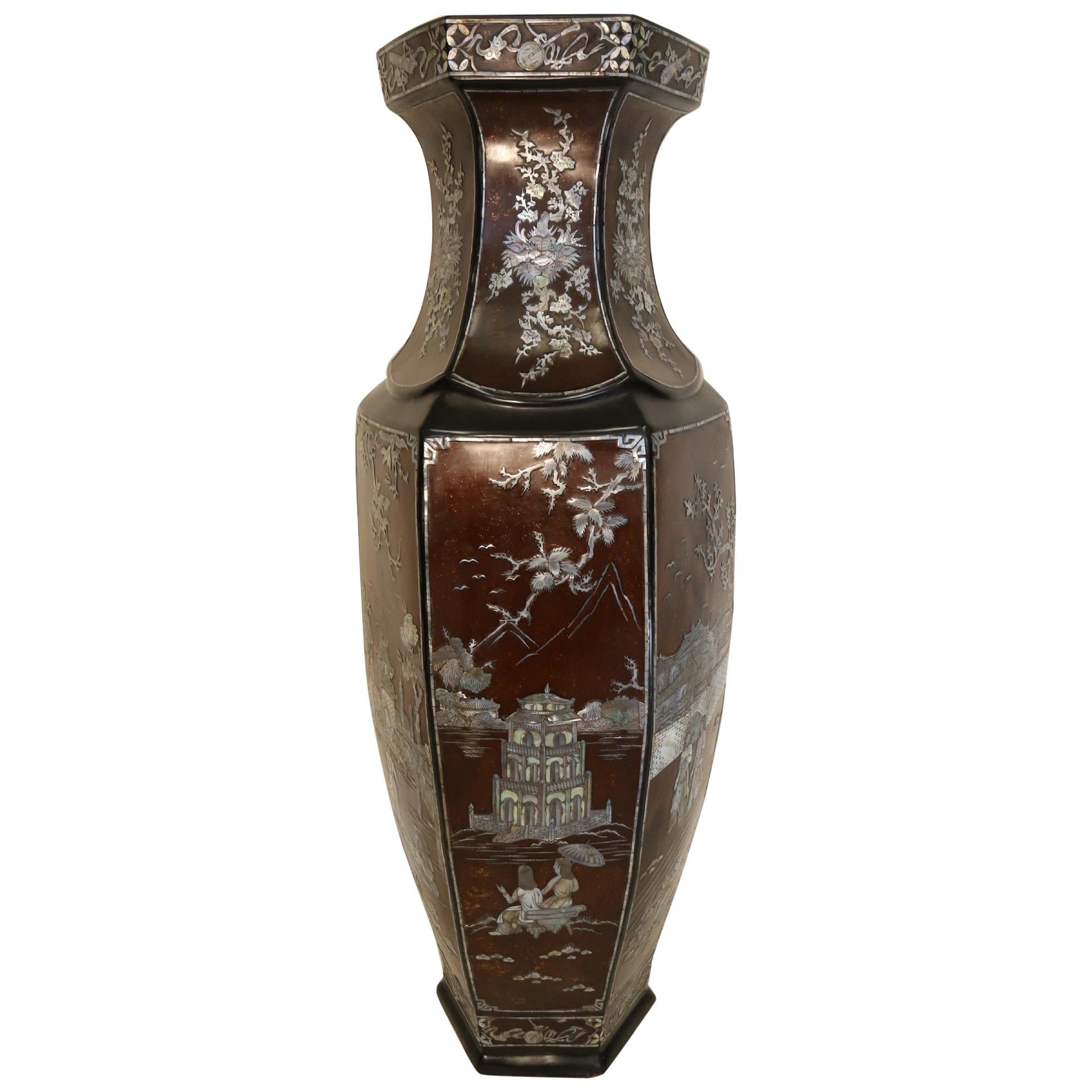 Large Republican Period Chinese Lacquer Vase  with Mother of Pearl Inlay