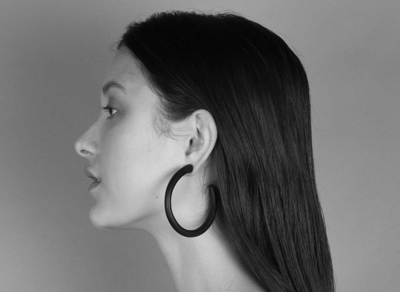 Contemporary Large Resin Loop Earrings in Black Marble For Sale