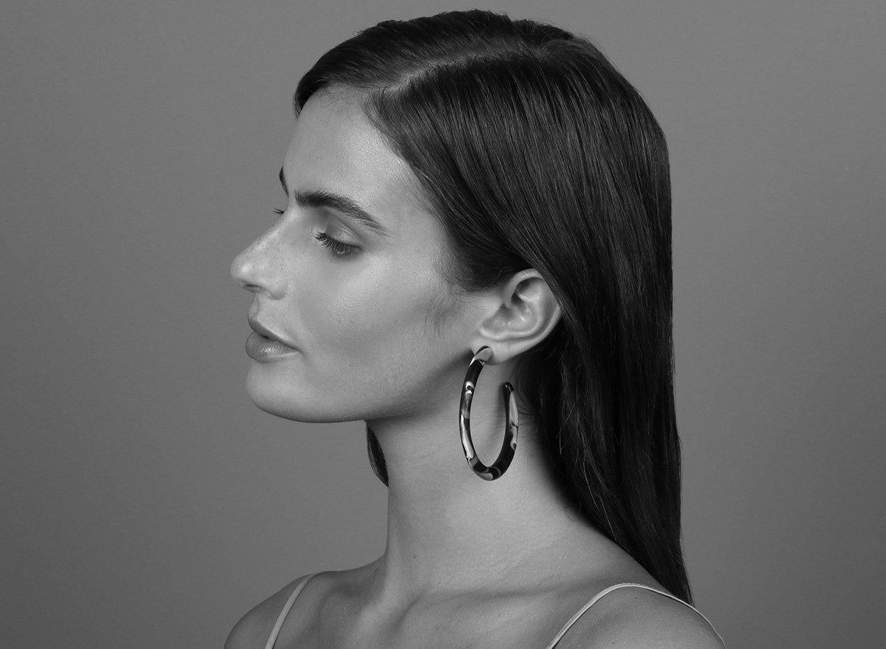 Large Resin Loop Earrings in Black Marble In New Condition For Sale In Redfern, NSW