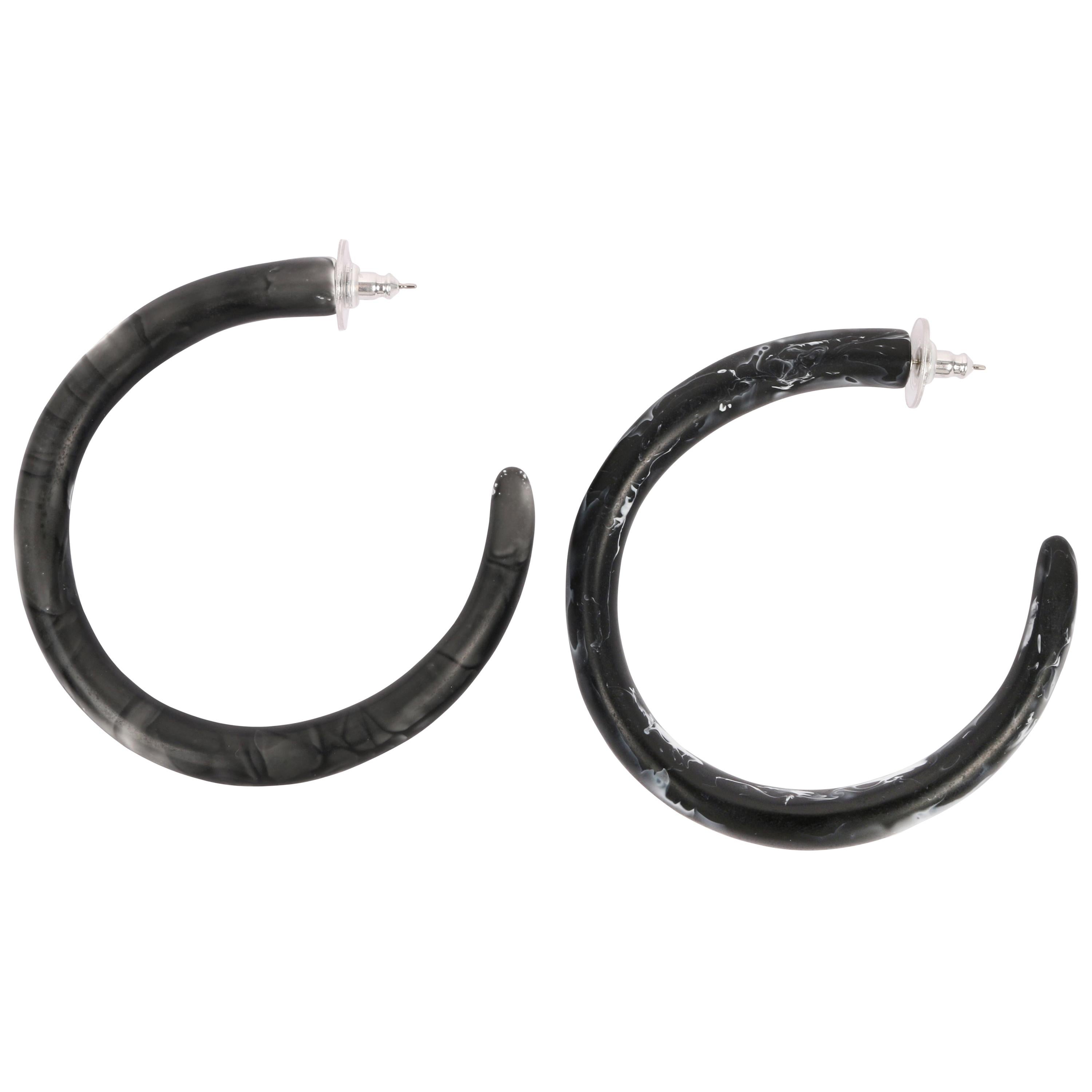 Large Resin Loop Earrings in Black Marble For Sale