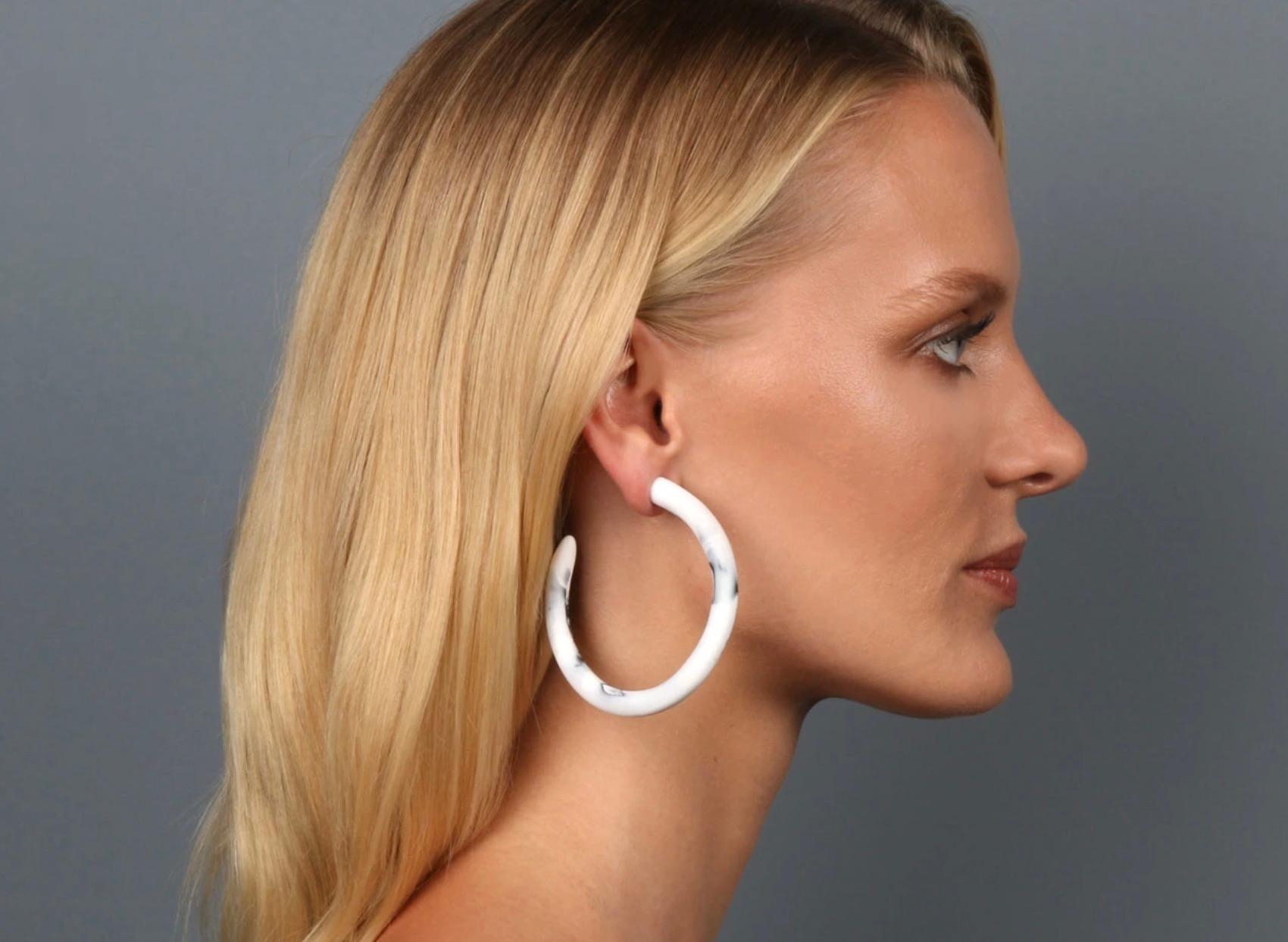 Contemporary Large Resin Loop Earrings in White Marble For Sale