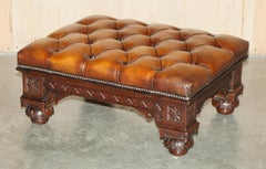 LARGE RESTORED 1880 ANTIQUE HOWARD & SON'S CHESTERFiELD BROWN LEATHER FOOTSTOOL