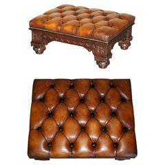 LARGE RESTORED 1880 ANTIQUE HOWARD & SON'S CHESTERFiELD BROWN LEATHER FOOTSTOOL