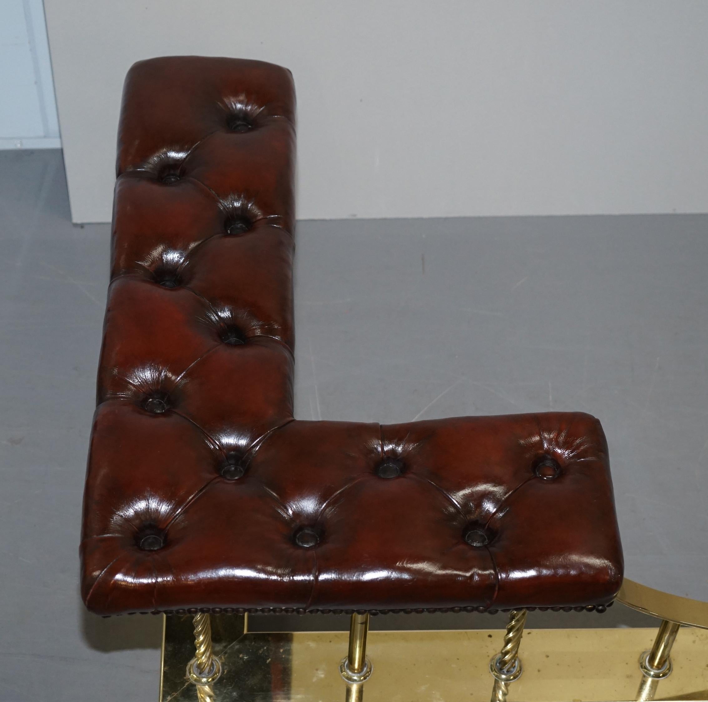 English Large Restored Chesterfield Victorian Brass Brown Leather Fireplace Club Fender
