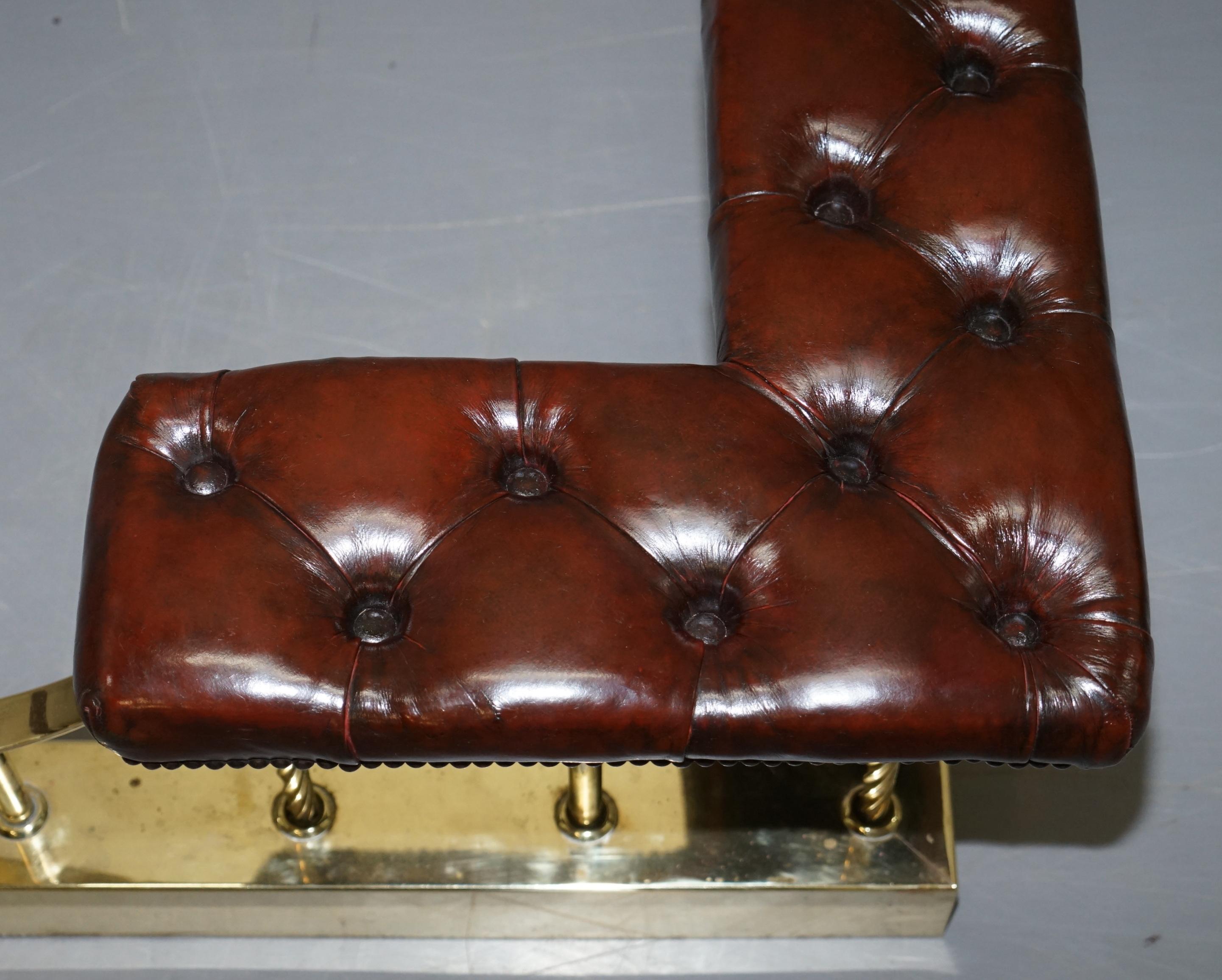 Large Restored Chesterfield Victorian Brass Brown Leather Fireplace Club Fender 2