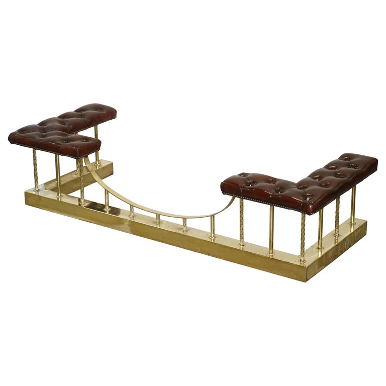 Large Restored Chesterfield Victorian Brass Brown Leather Fireplace