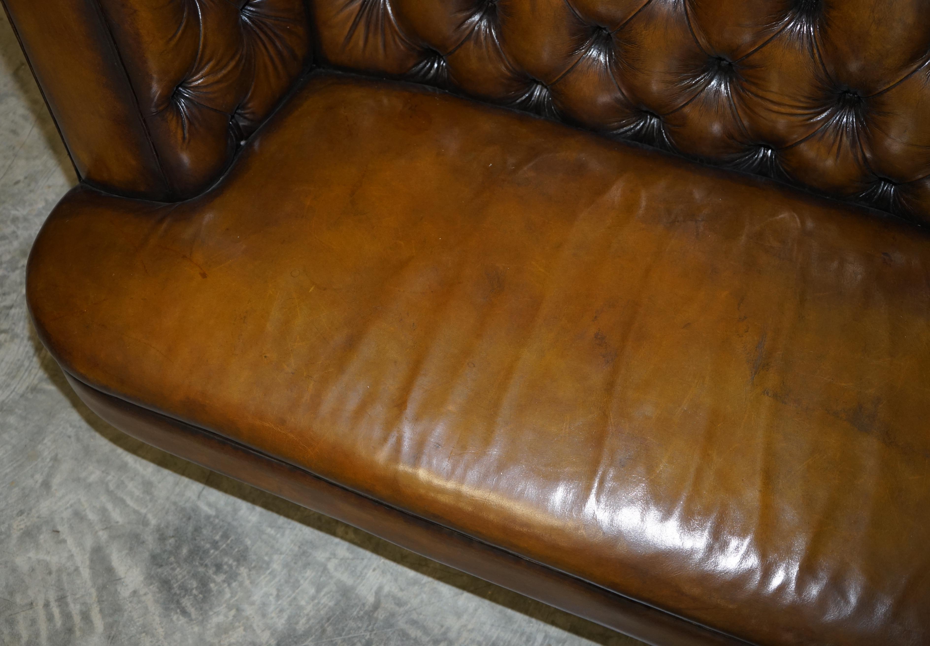 Large Restored Hand Dyed Chesterfield Brown Leather Sofa Large Bench Piece For Sale 2