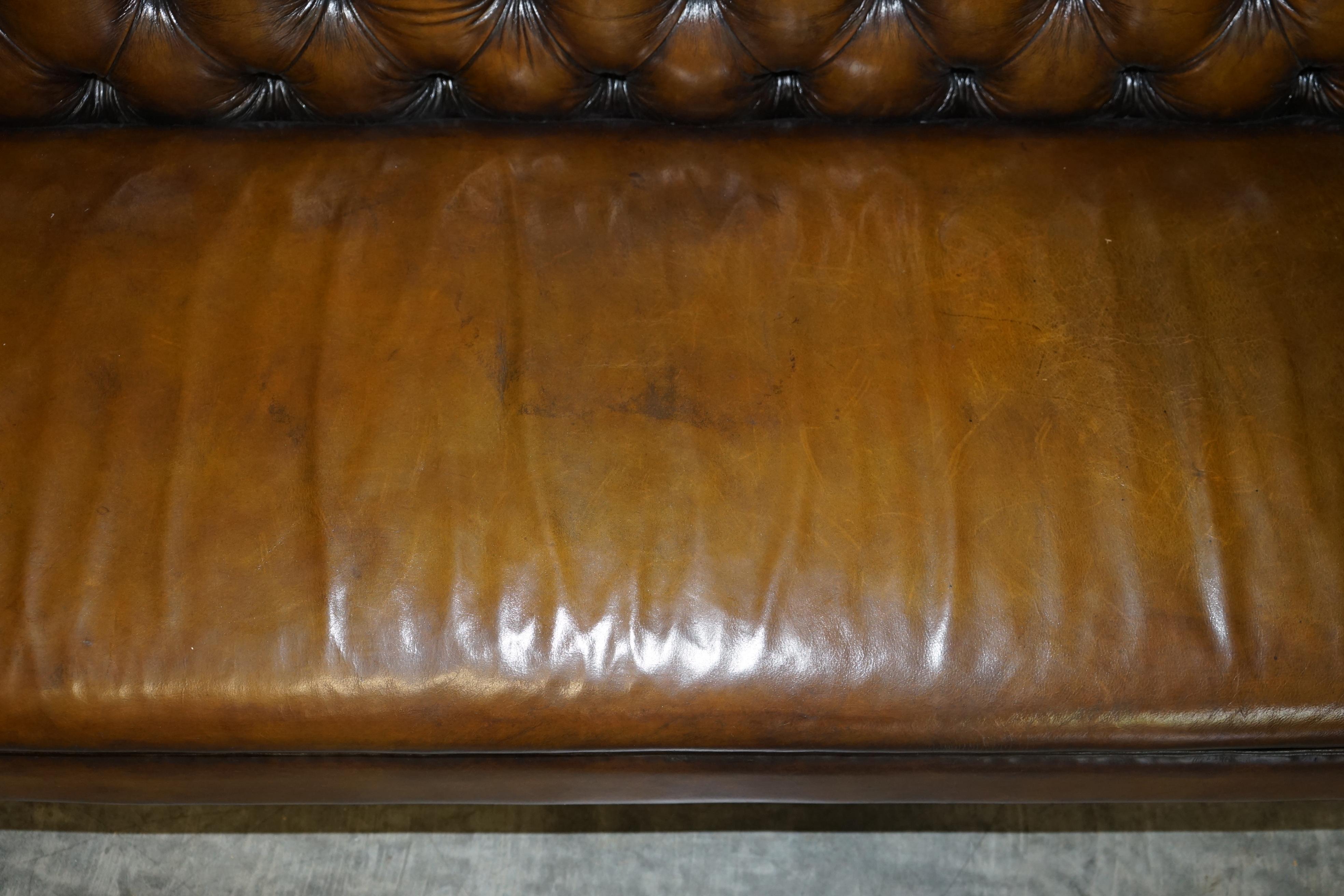 Large Restored Hand Dyed Chesterfield Brown Leather Sofa Large Bench Piece For Sale 3