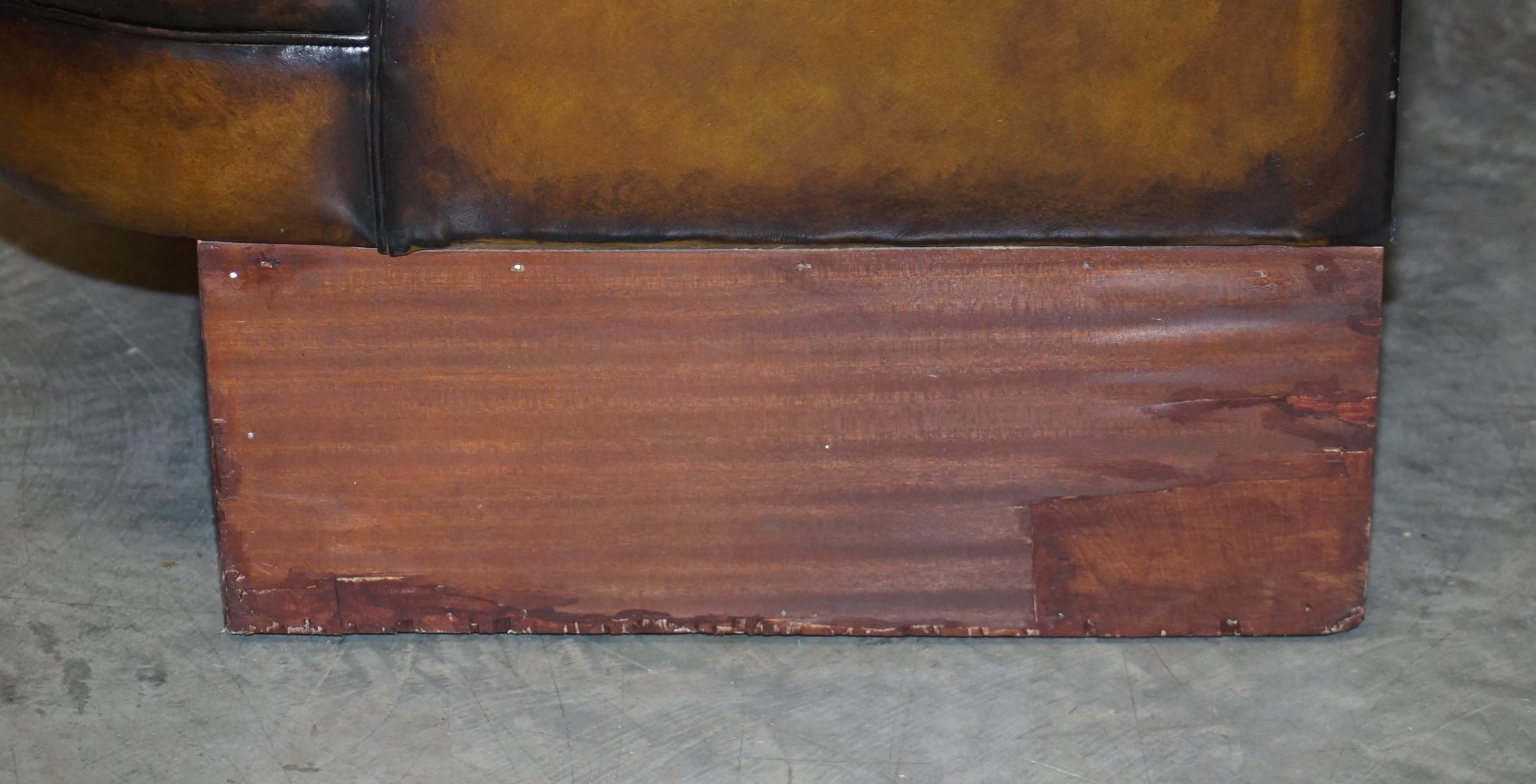 Large Restored Hand Dyed Chesterfield Brown Leather Sofa Large Bench Piece For Sale 8
