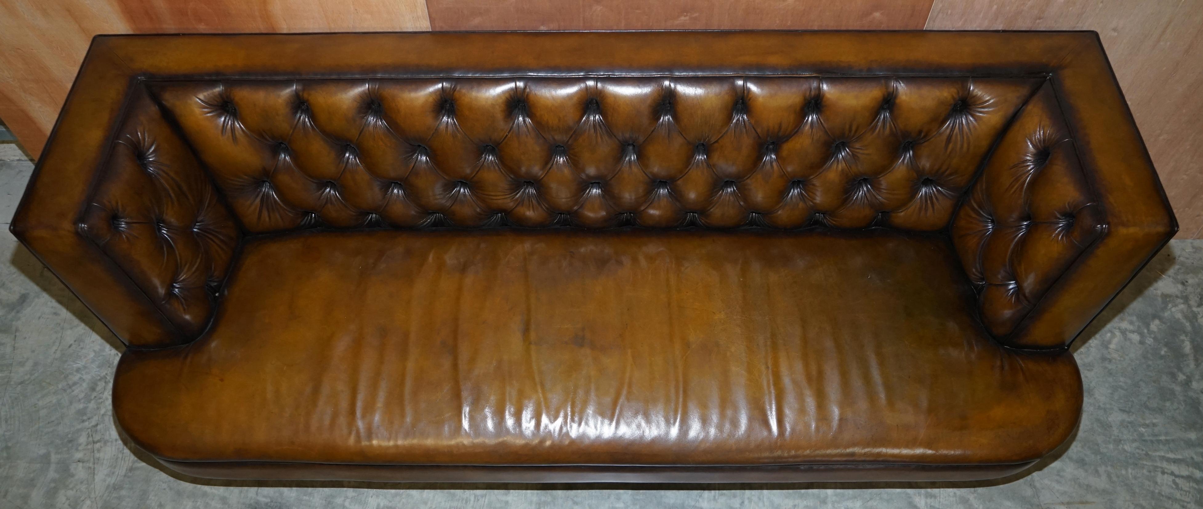 English Large Restored Hand Dyed Chesterfield Brown Leather Sofa Large Bench Piece For Sale