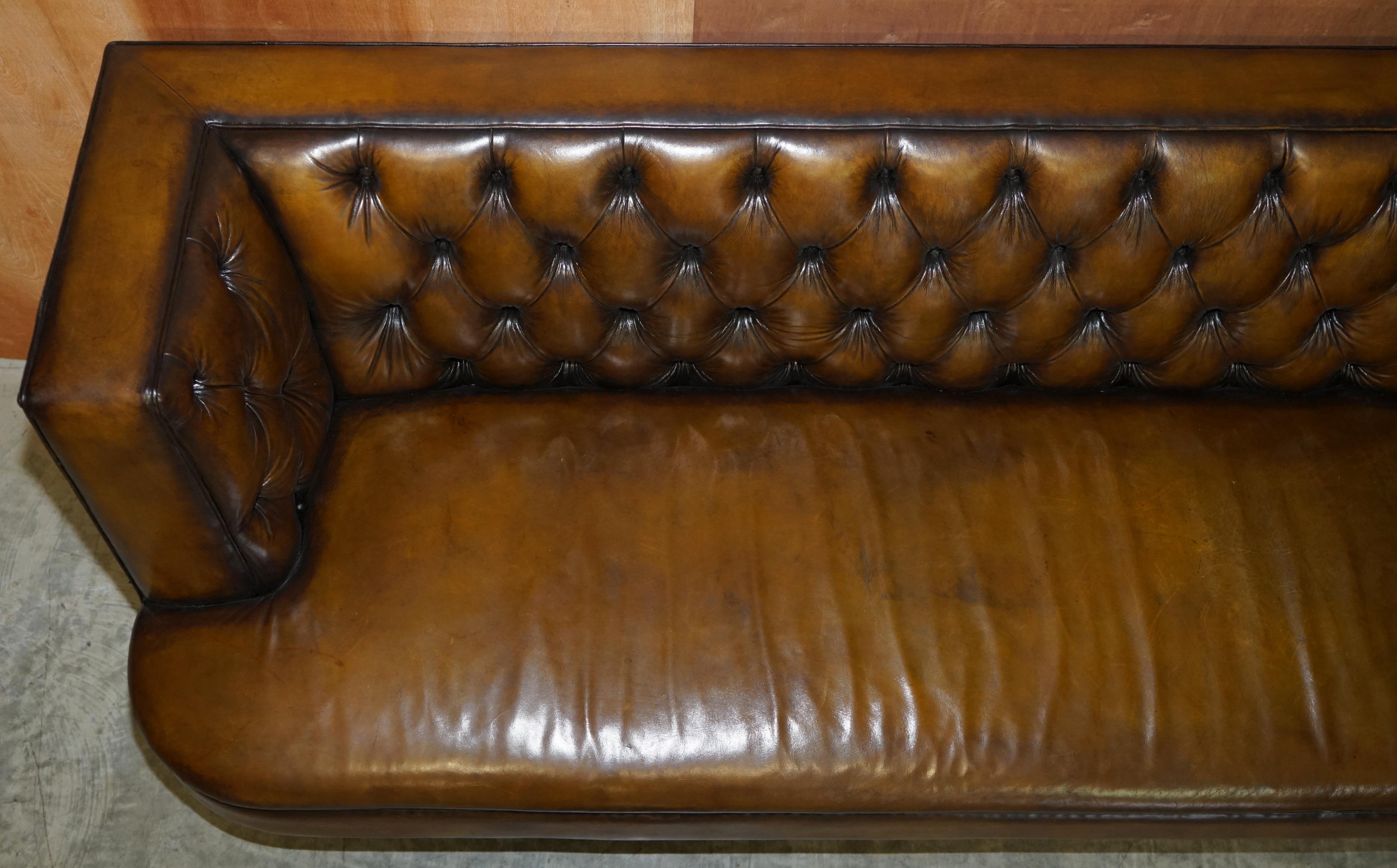 Hand-Crafted Large Restored Hand Dyed Chesterfield Brown Leather Sofa Large Bench Piece For Sale