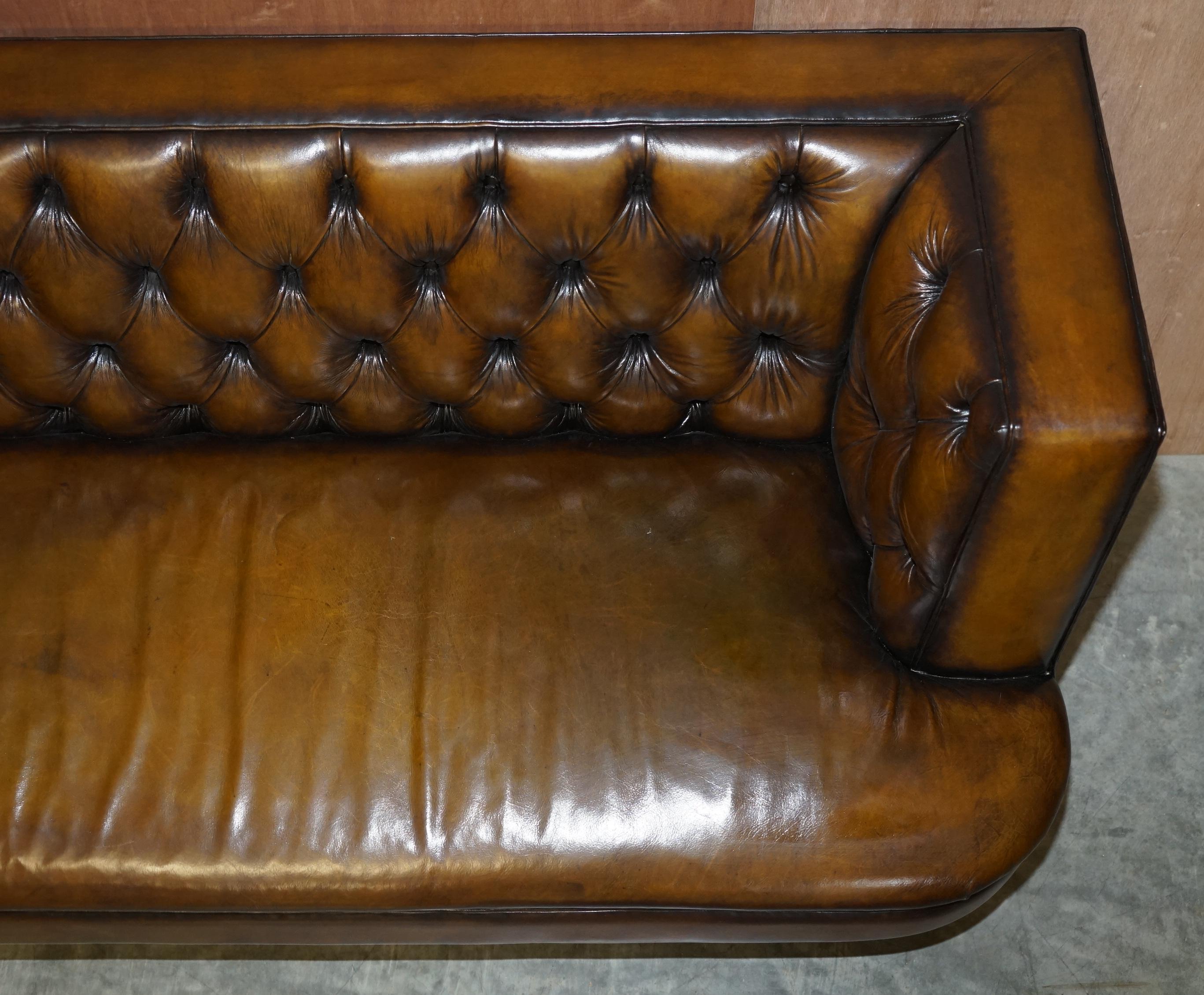 Large Restored Hand Dyed Chesterfield Brown Leather Sofa Large Bench Piece For Sale 1