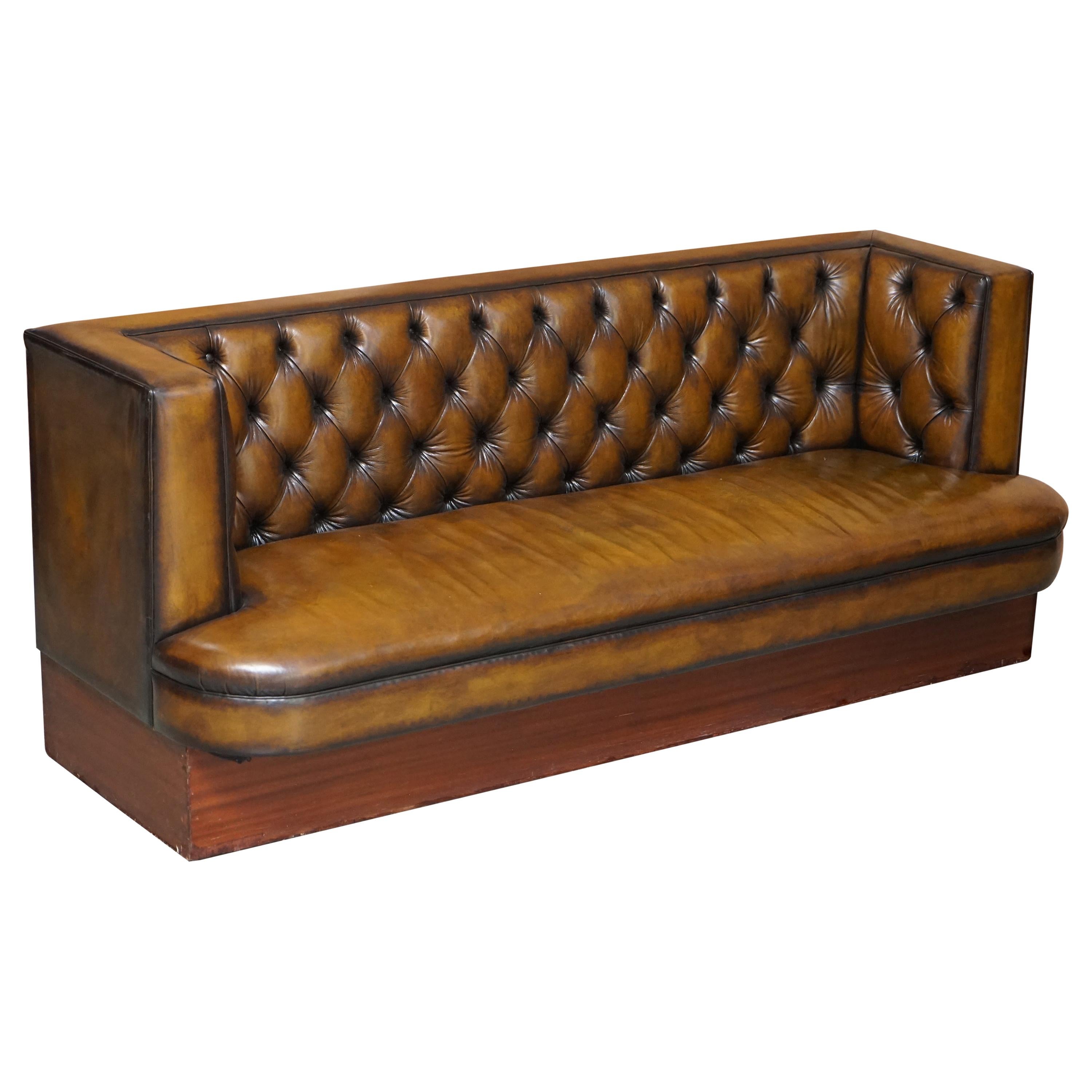 Large Restored Hand Dyed Chesterfield Brown Leather Sofa Large Bench Piece For Sale