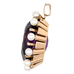 Large Retro Amethyst and Cultured Pearl 14k Rose Gold Pendant