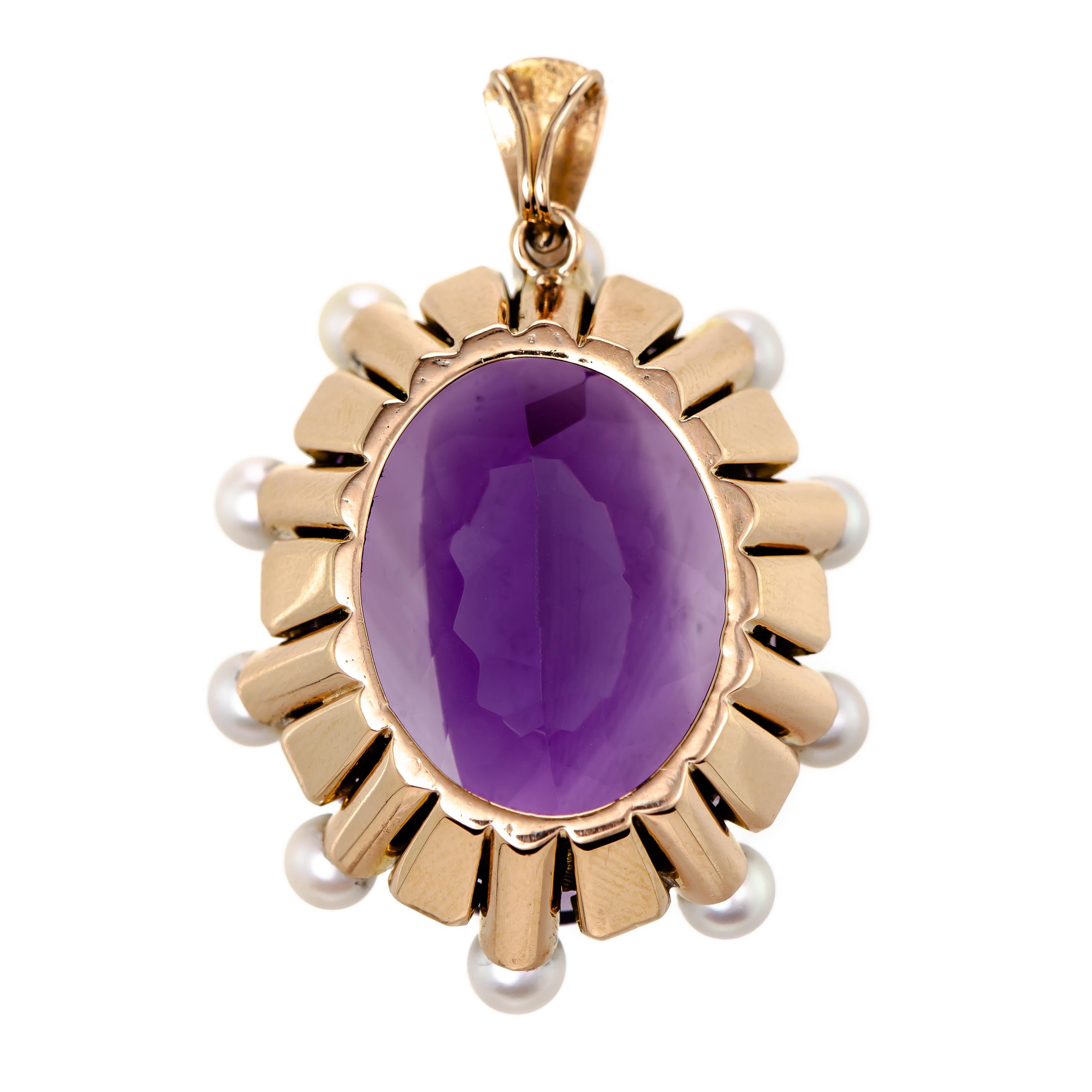 Oval Cut Large Retro Amethyst and Cultured Pearl 14k Rose Gold Pendant For Sale