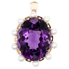 Large Retro Amethyst and Cultured Pearl 14k Rose Gold Pendant