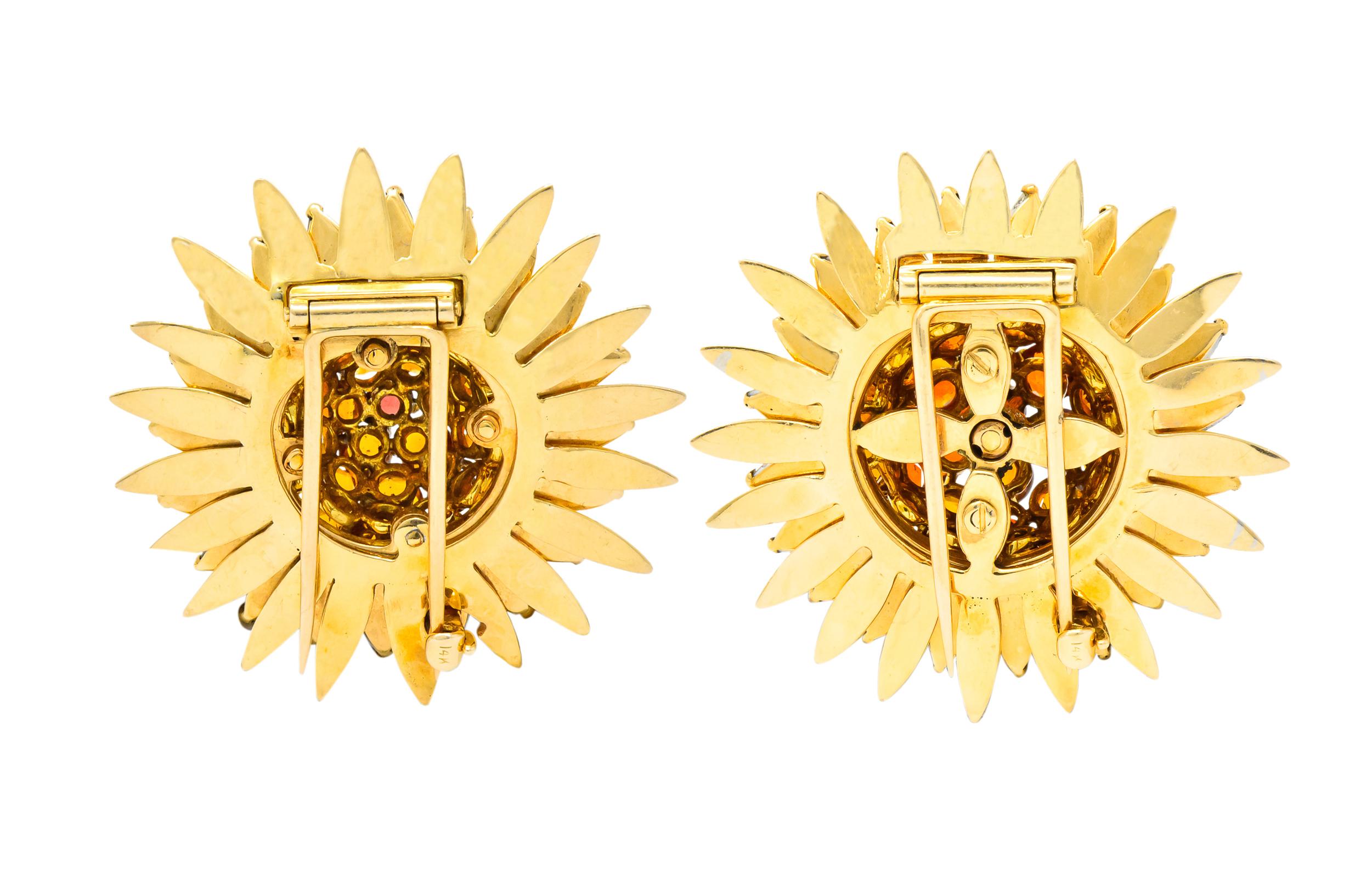 Large Retro Citrine Mother of Pearl 14 Karat Gold Sunflower Brooch Clips In Excellent Condition In Philadelphia, PA