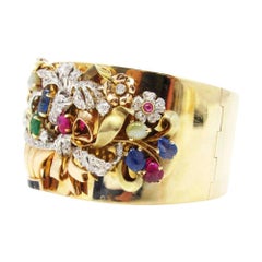 Large Retro Diamond Carved Ruby Emerald Sapphire Cat’s Eye Chrysoberyl Bracelet