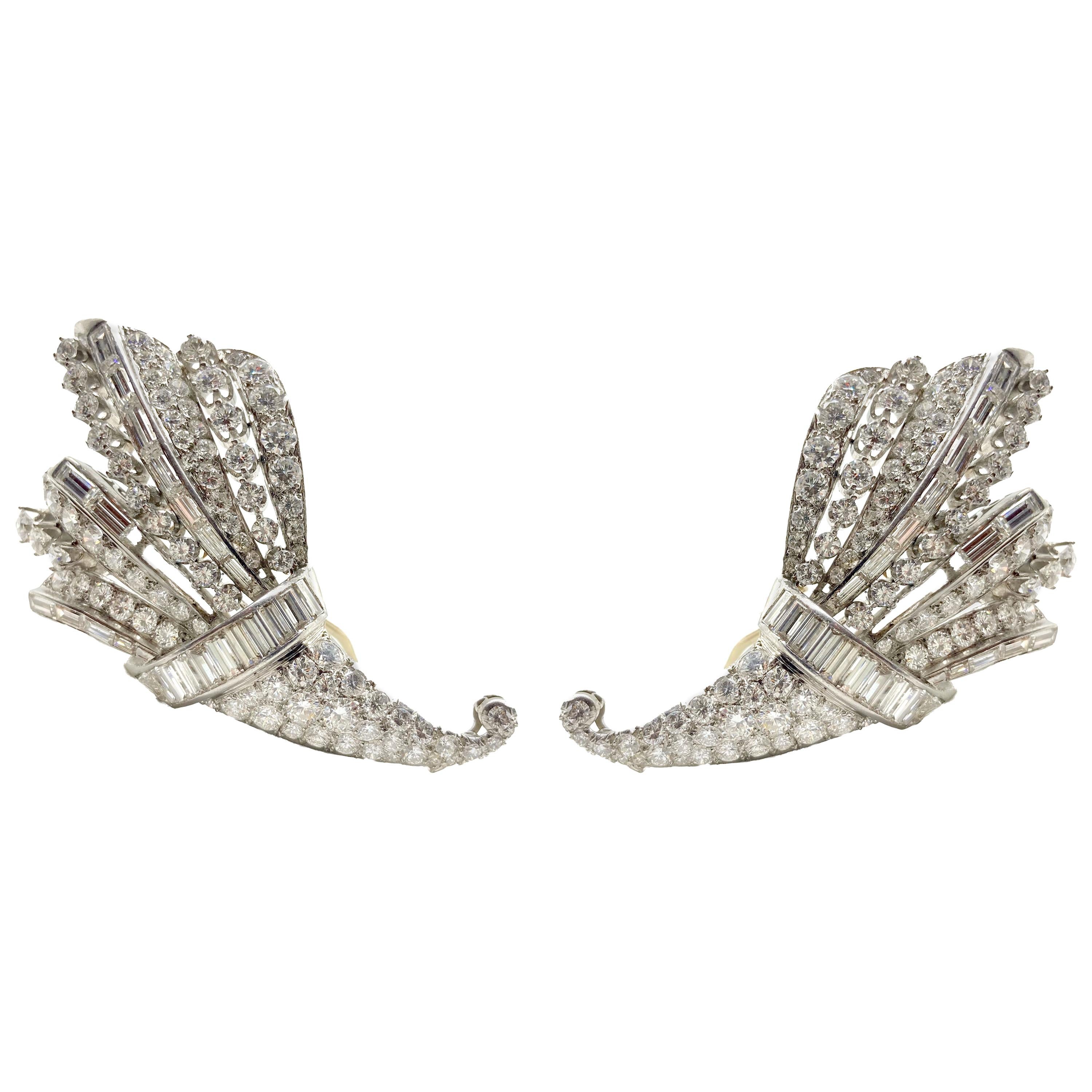 Large Retro Diamond Platinum Cornucopia Statement Earrings