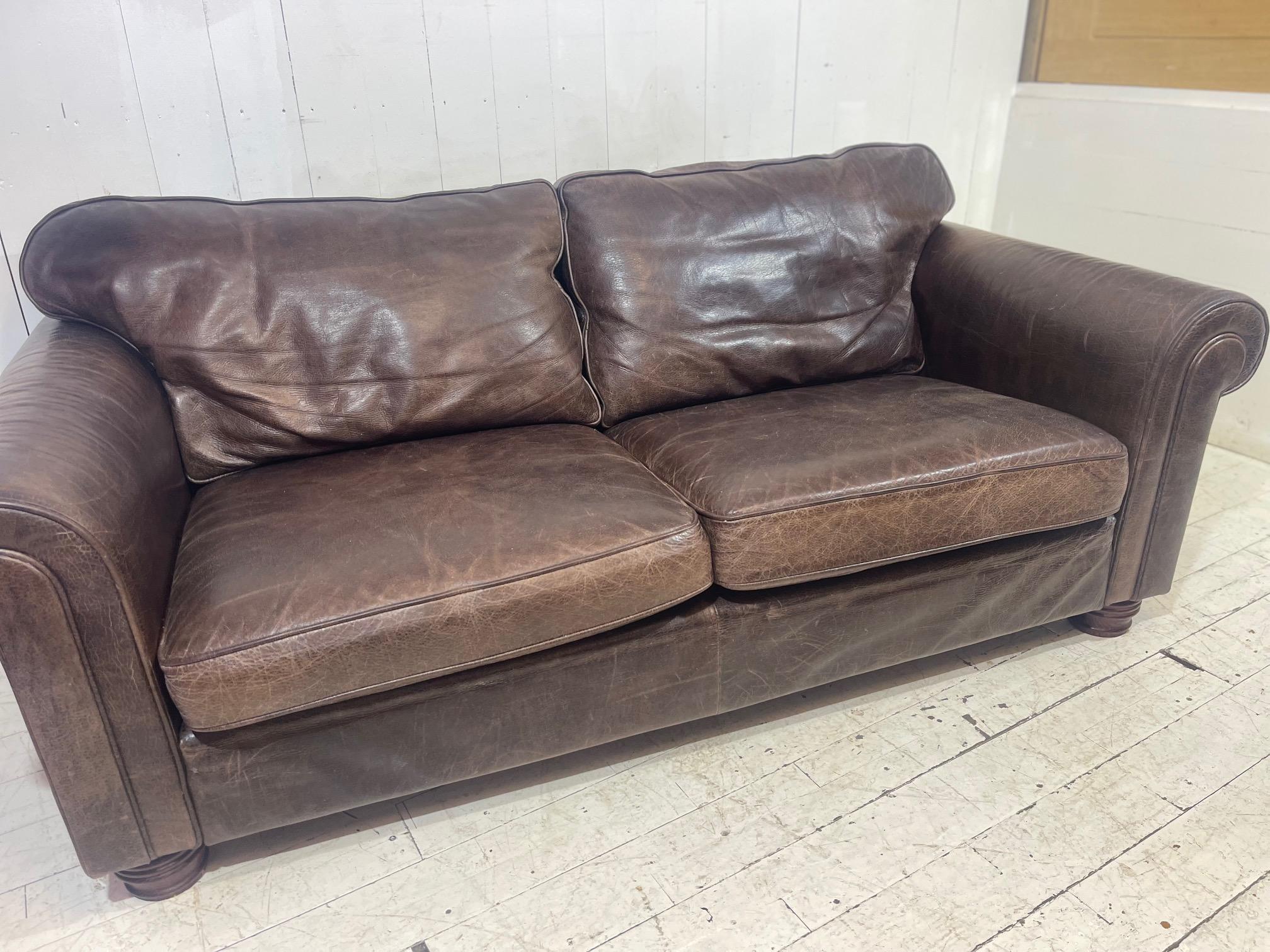 Large Retro Hotel Lounge Distressed Leather Sofa  For Sale 3
