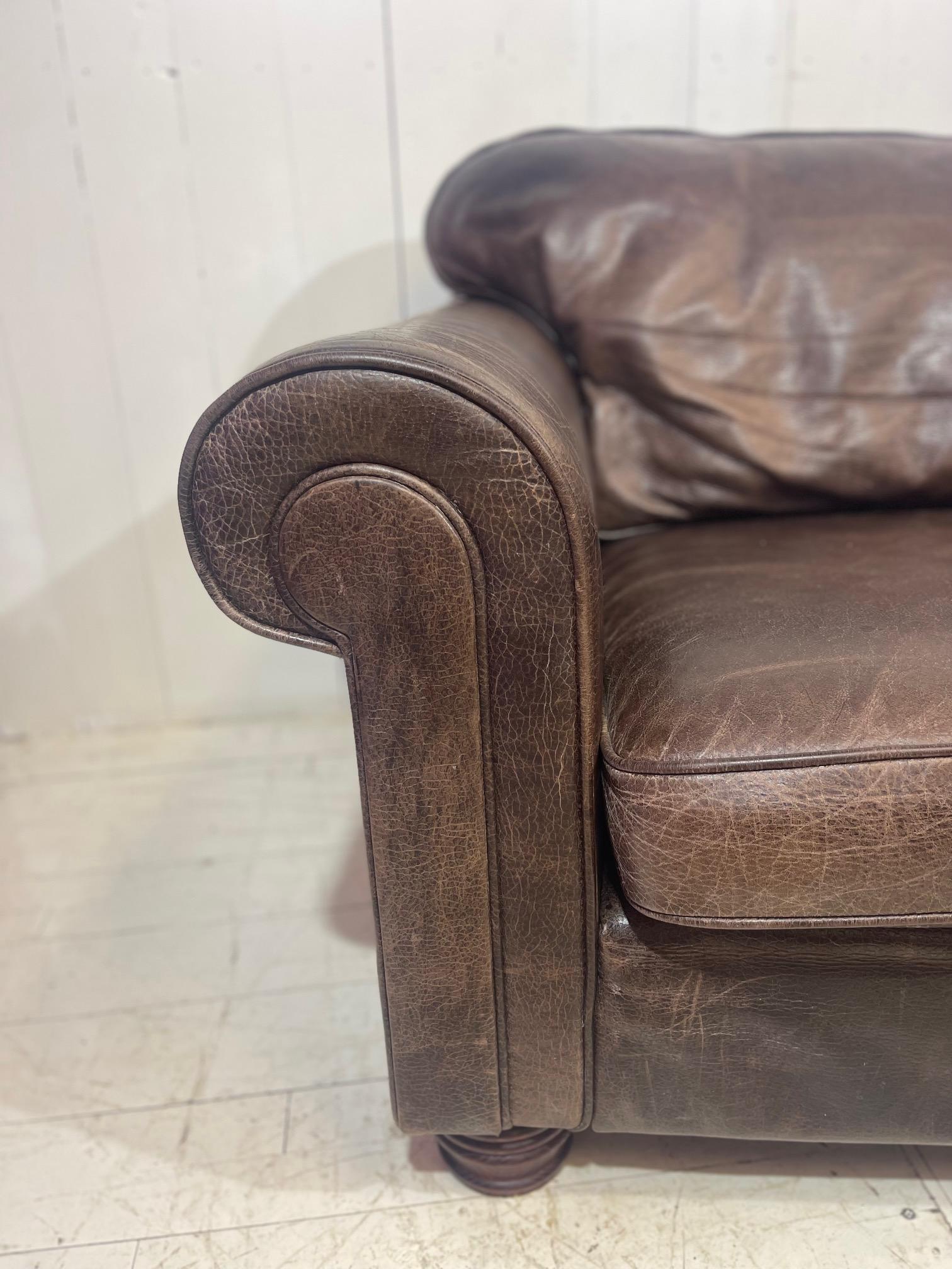 Large Retro Hotel Lounge Distressed Leather Sofa  For Sale 4